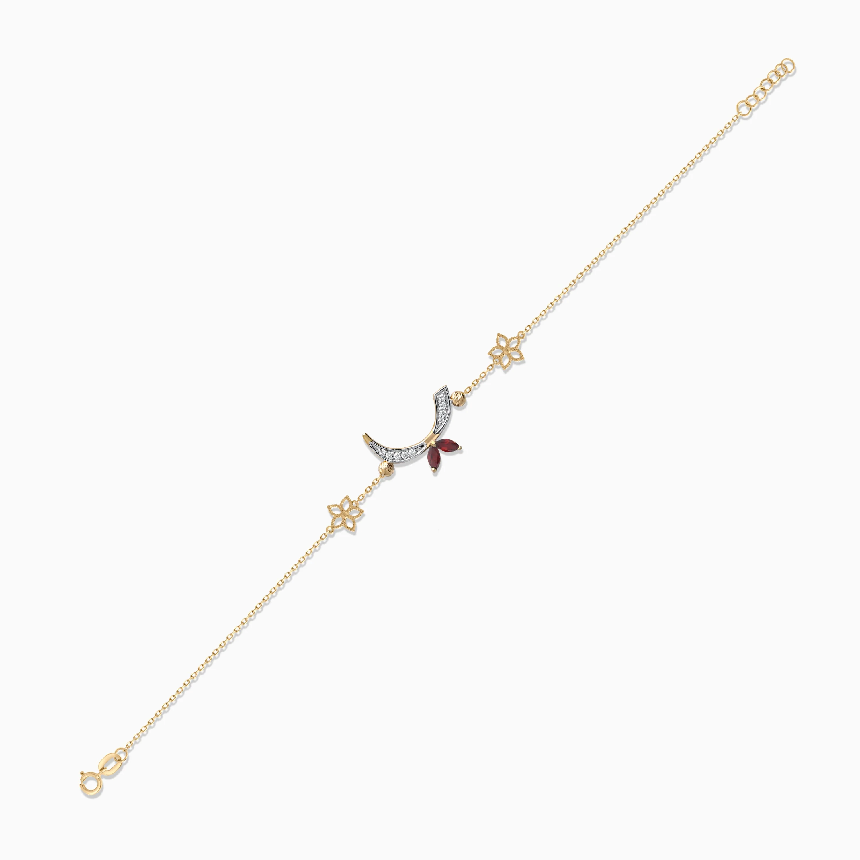 18K Yellow Gold Arabic Letter 'Raa' Bracelet with Diamonds & Red Garnet | Horoufi Diamond Collection - Image 3