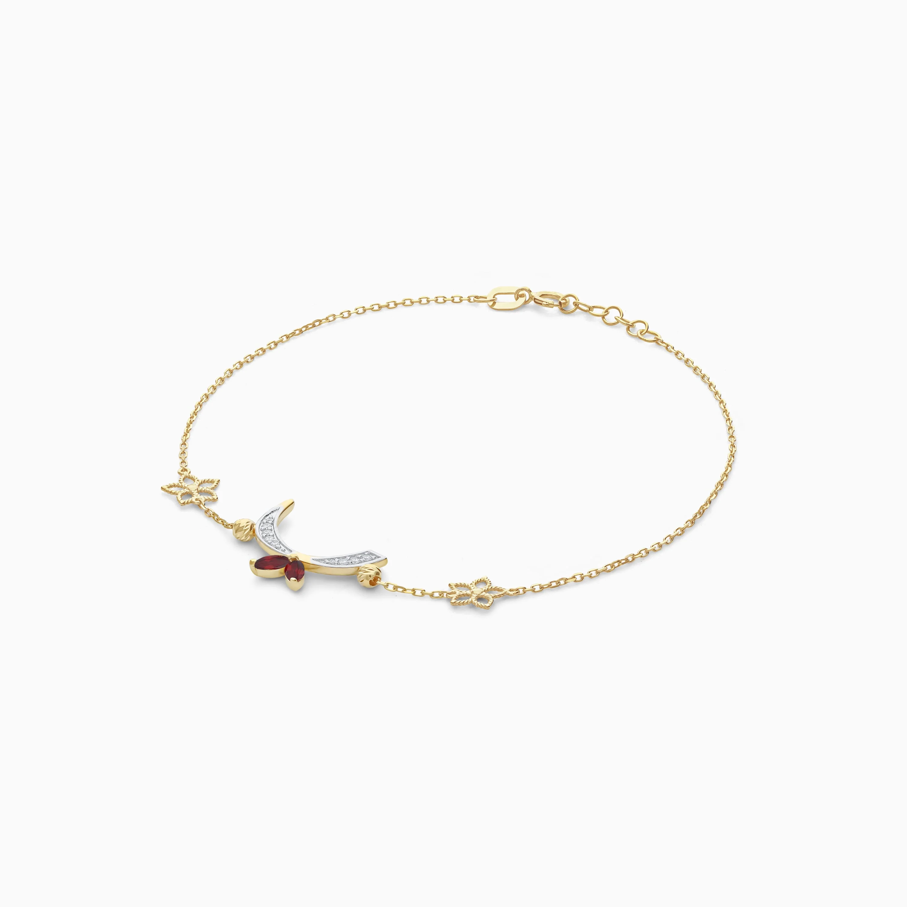 18K Yellow Gold Arabic Letter 'Raa' Bracelet with Diamonds & Red Garnet | Horoufi Diamond Collection - Image 4