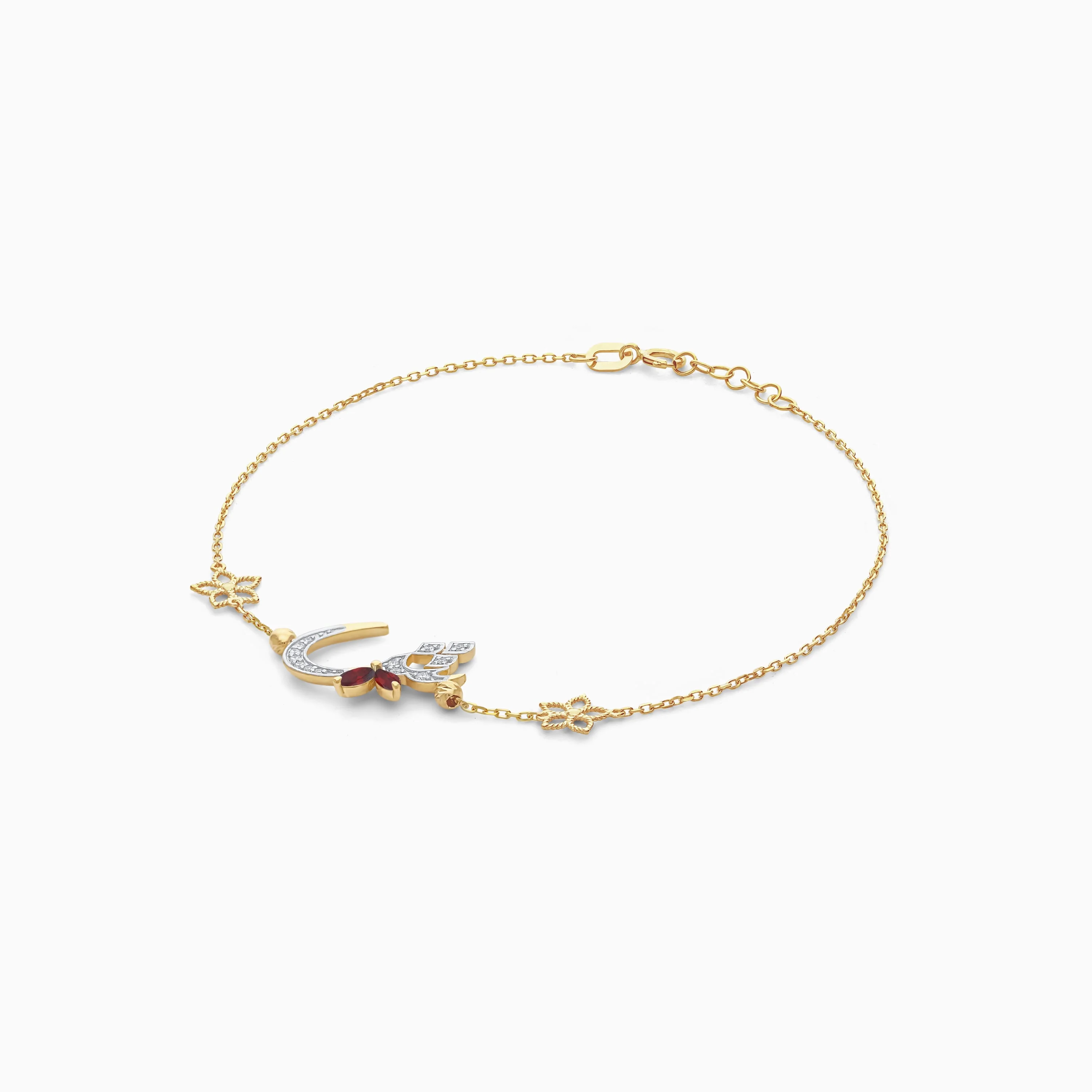 18K Yellow Gold Arabic ‘Sheen’ Bracelet with Natural Diamonds & Red Garnet | Horoufi Diamond Collection - Image 3