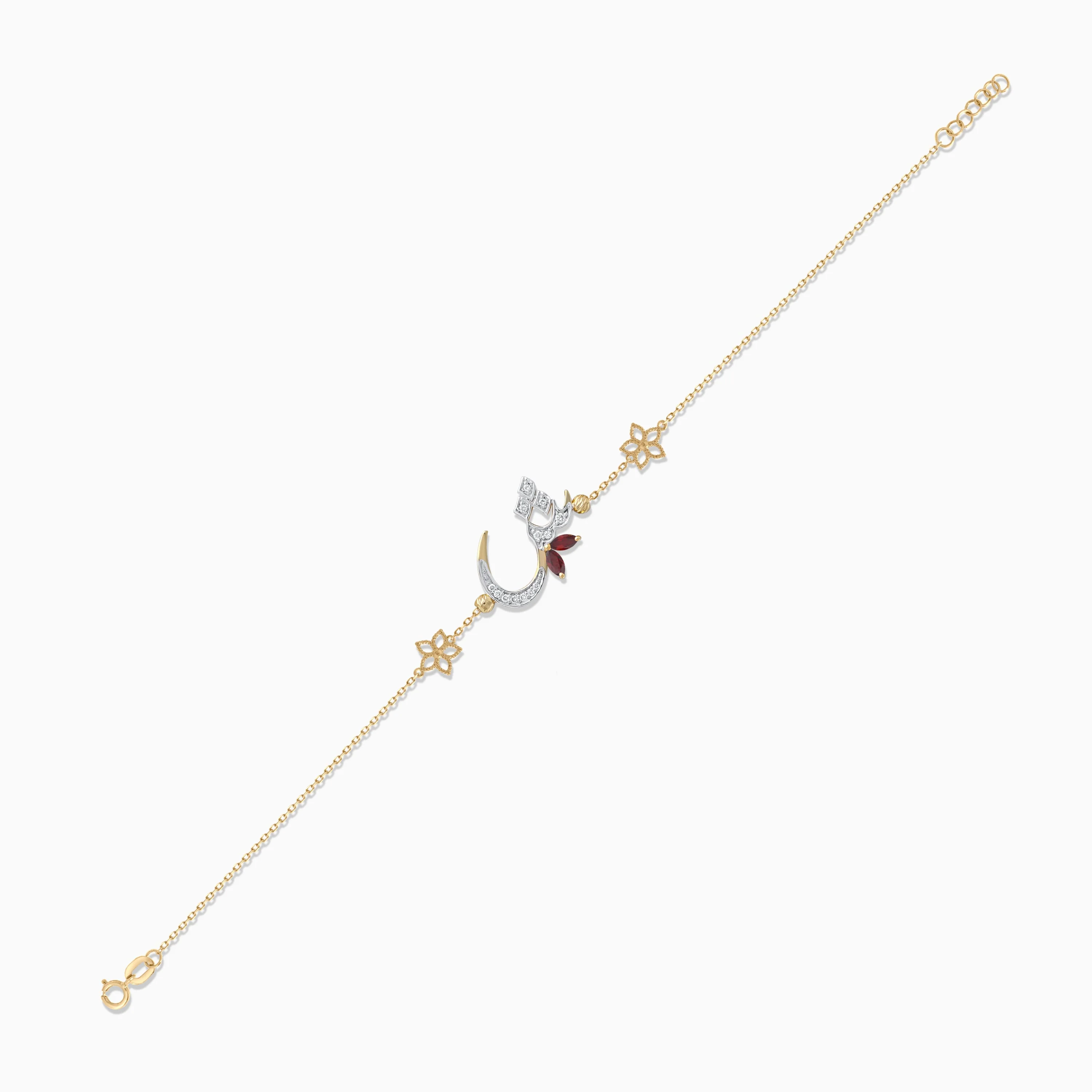 18K Yellow Gold Arabic ‘Sheen’ Bracelet with Natural Diamonds & Red Garnet | Horoufi Diamond Collection - Image 4