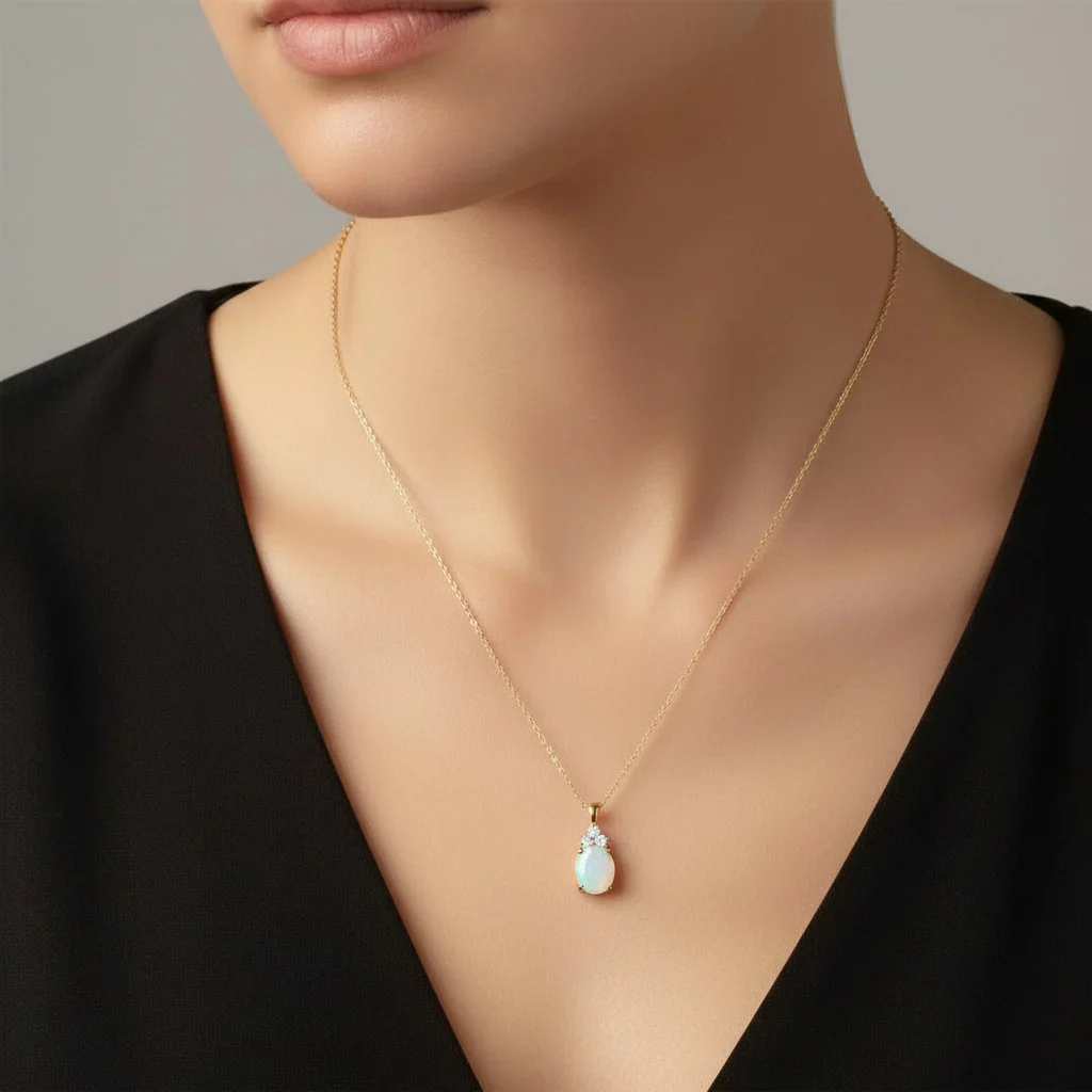 18k Yellow Gold chain decorated with amazing Opal & Round Brilliant Shape Natural Diamond pendant | Colour Classic Collection - Image 2
