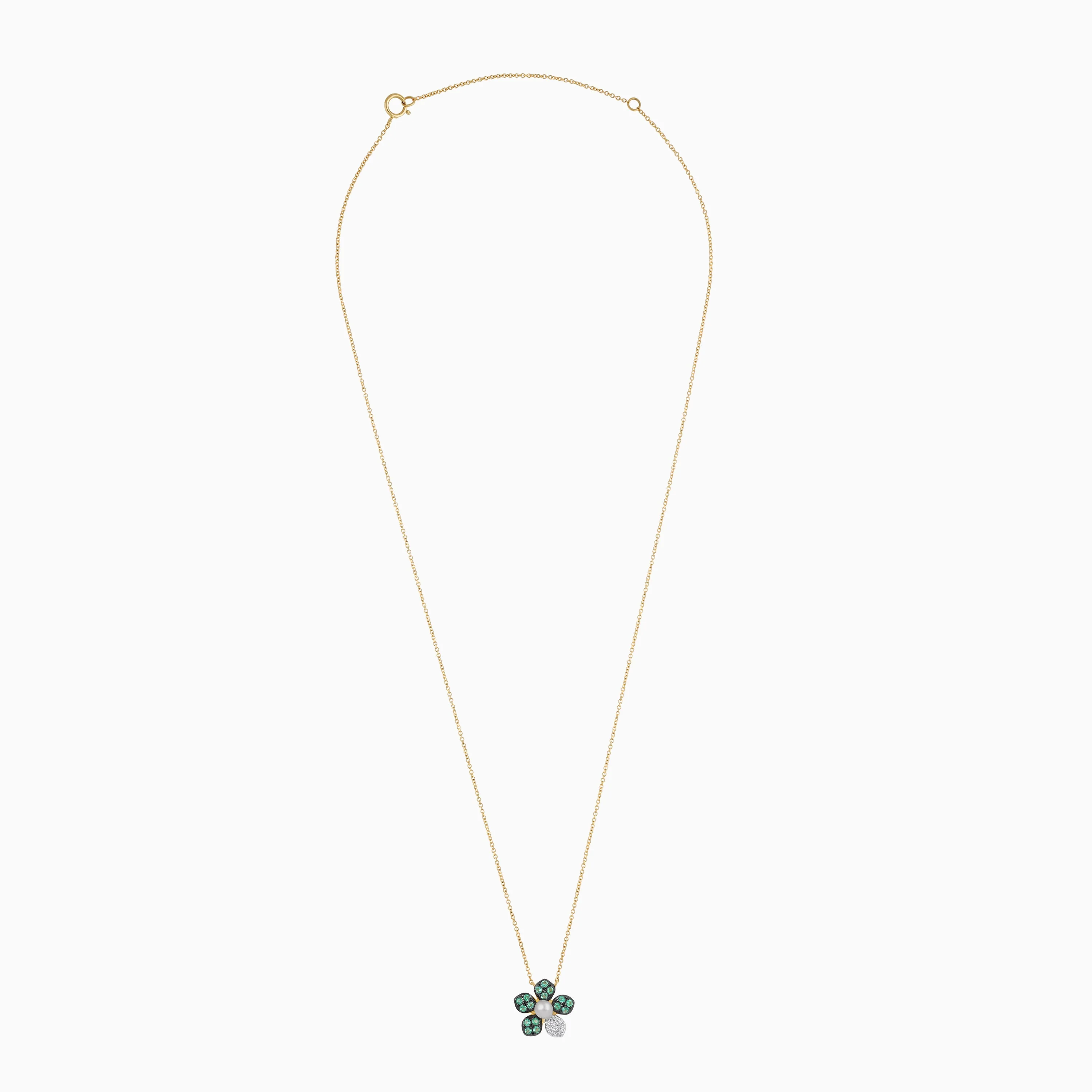 18k yellow gold chain with a flower shape pendant decorated with a single pearl in the center surrounded by natural diamond, emerald stones - Image 2