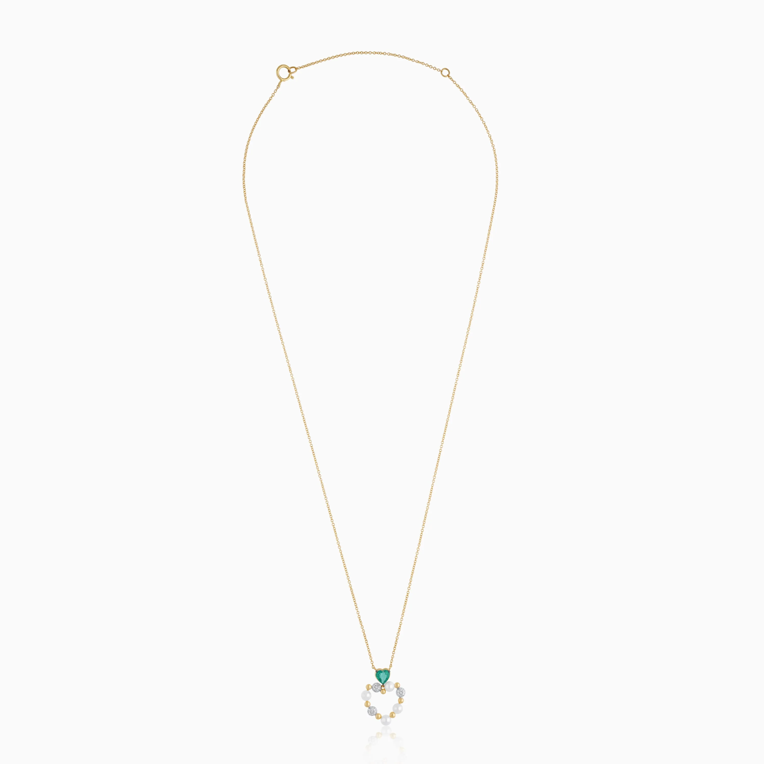 18k yellow gold Chain with heart-shaped Pendant decorated with pearls, natural diamond and natural emerald stones | danah collection - Image 2