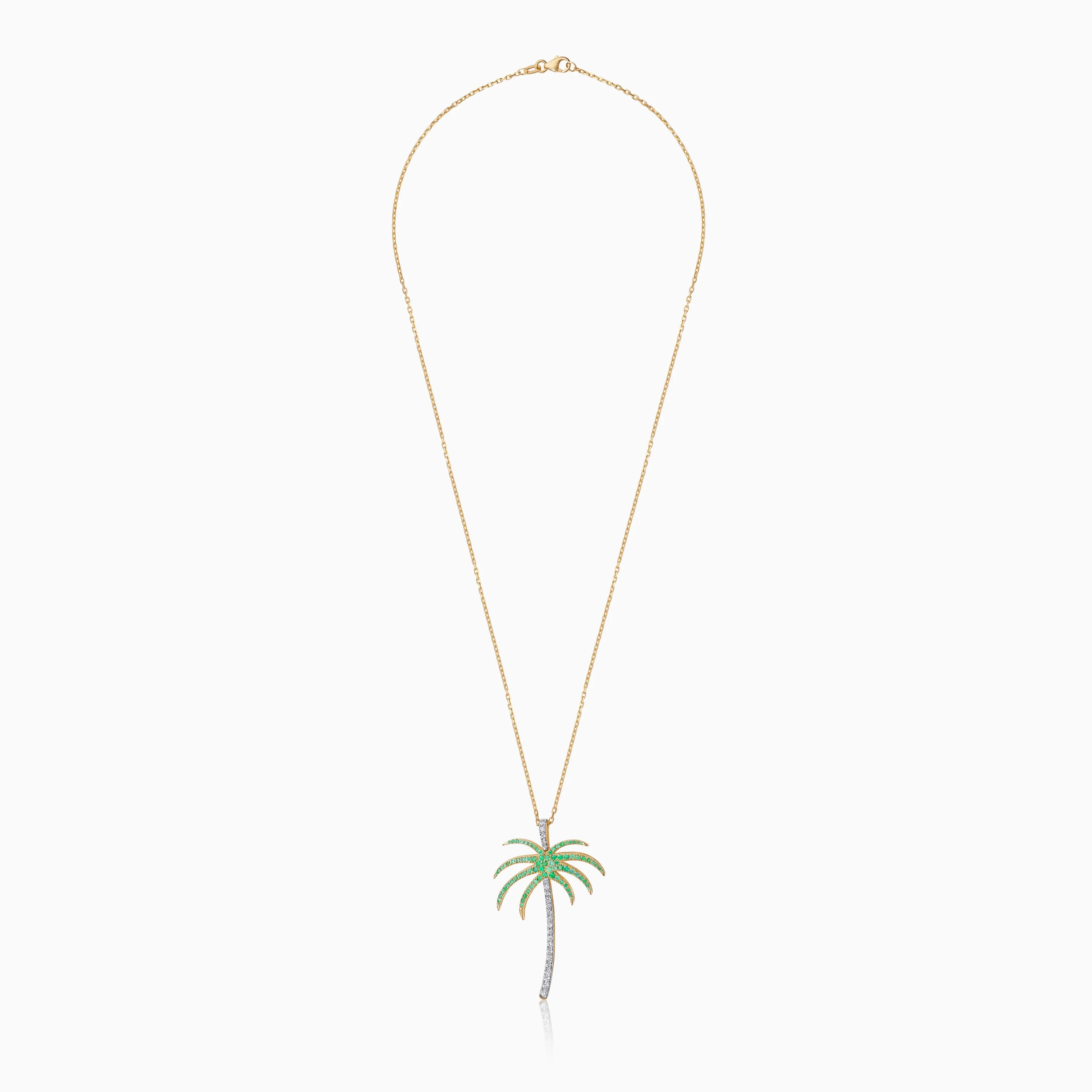 18K Yellow Gold Chain with Palm Tree-Shaped Pendant (40mm) Decorated with Natural Diamond and Emerald | Al Nakhla Collection - Image 2