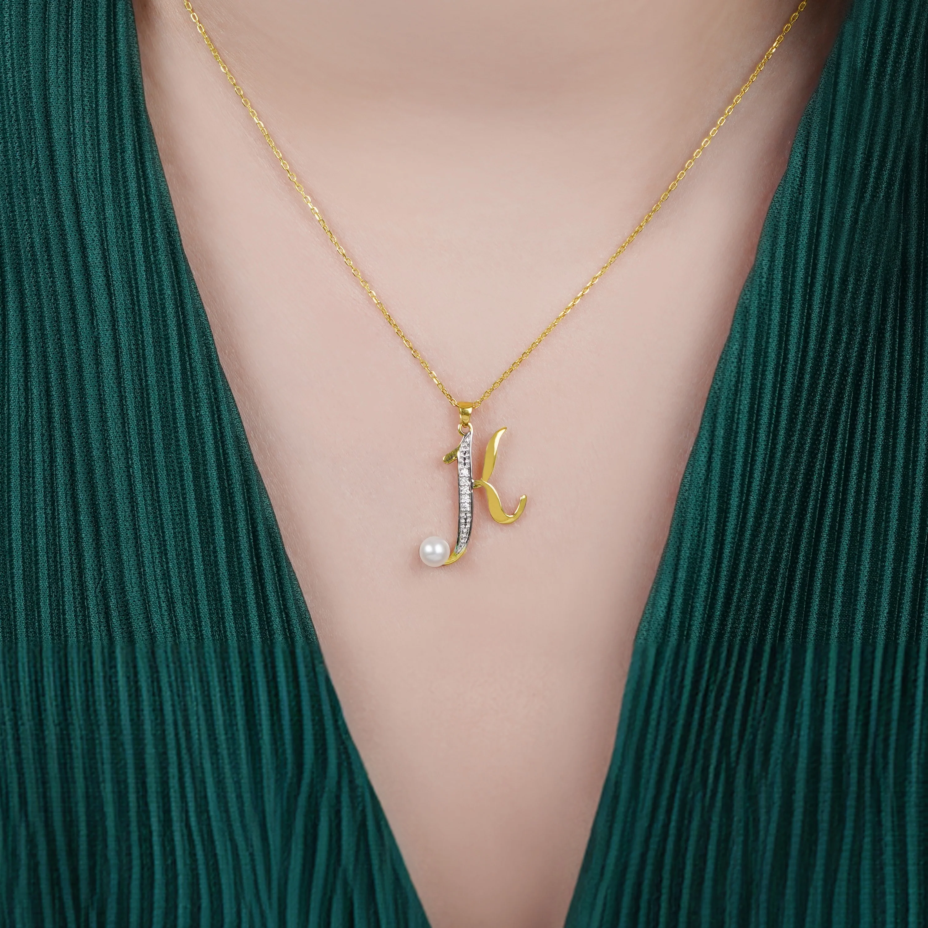 18k Yellow Gold "K" Pendant with Diamonds & Pearl | Alpha Collection - Image 2