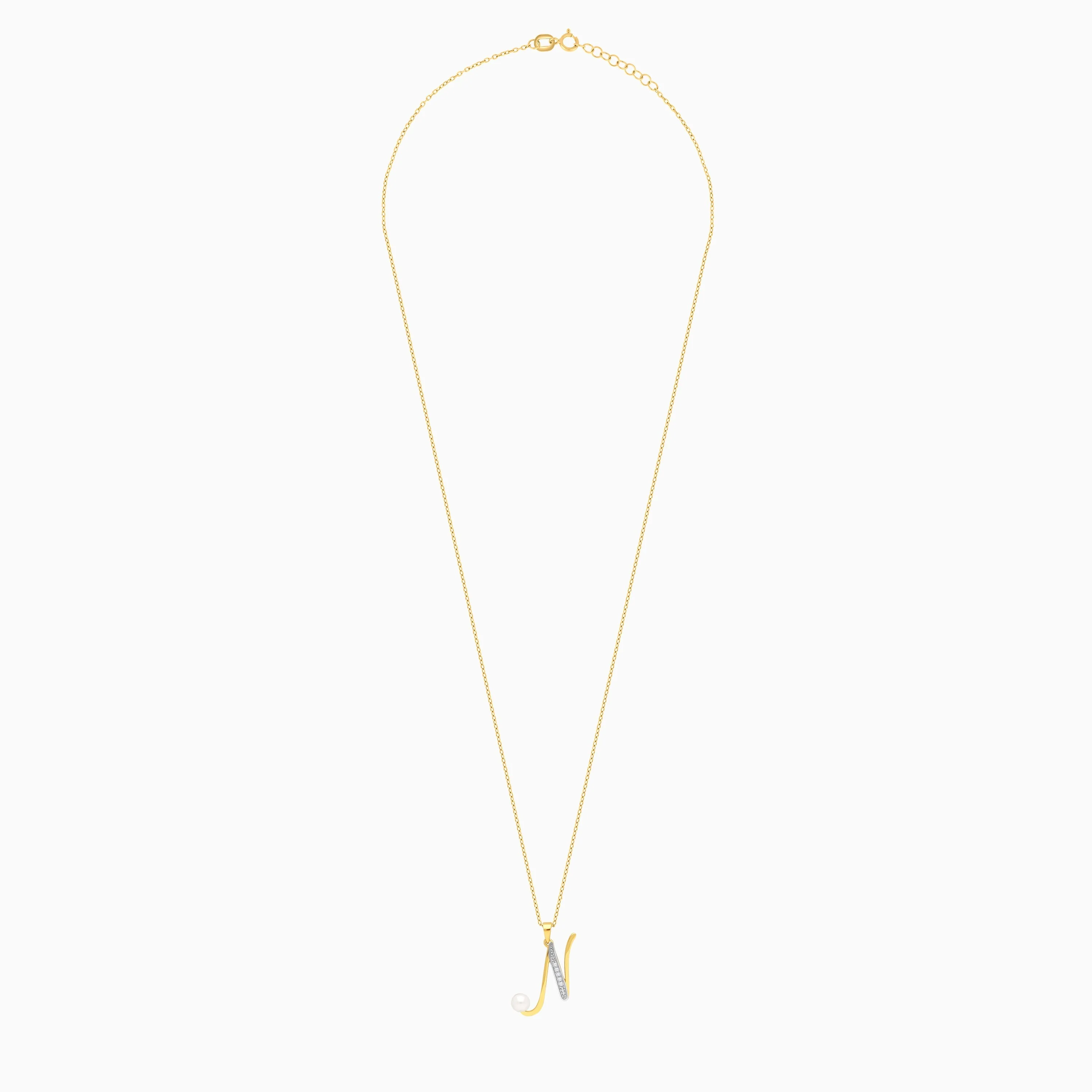 18K Yellow Gold “N” Pendant Chain with Diamonds & Pearl | Alpha Collection - Image 3