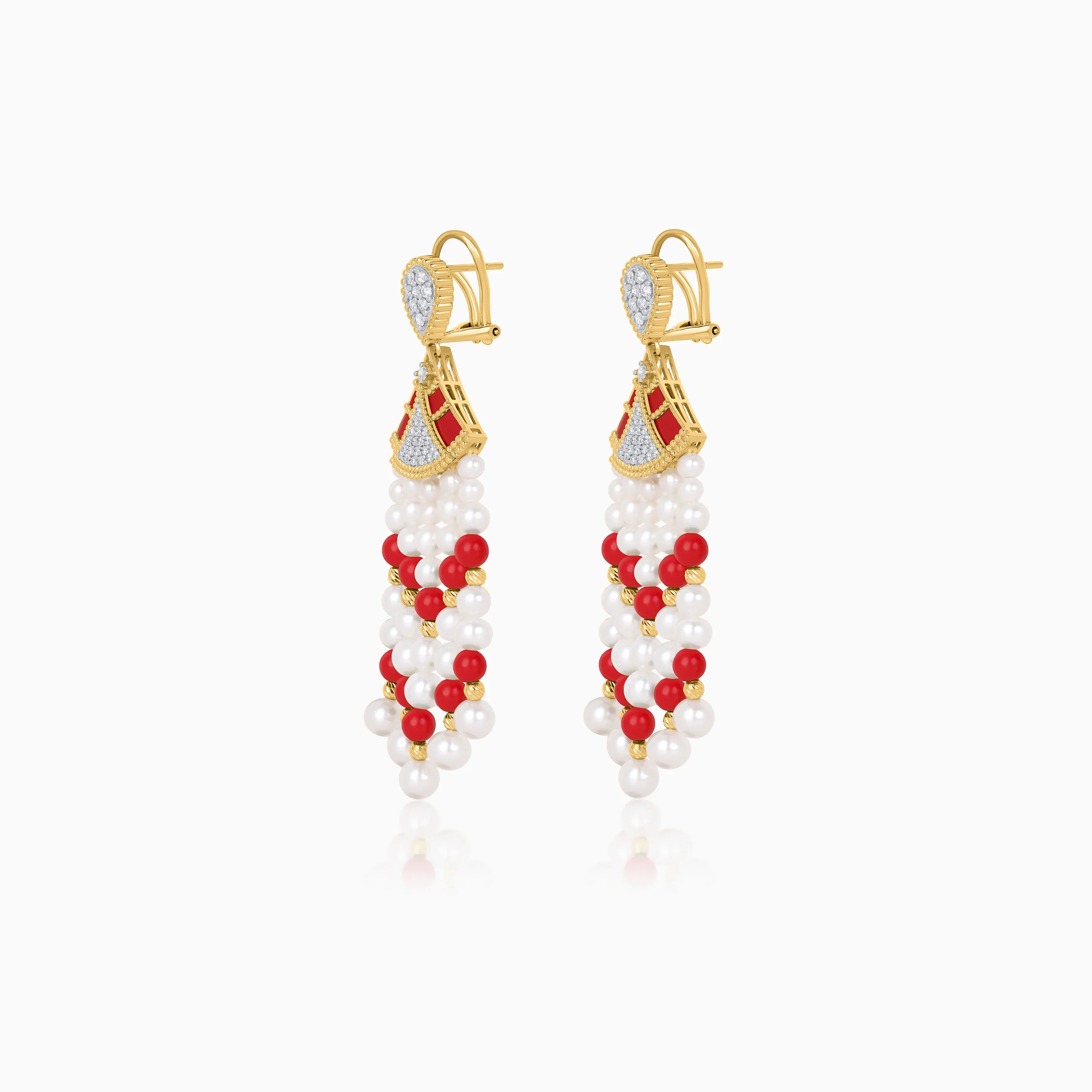 18K Yellow Gold Dangling Earrings with Pearls, Natural Diamonds and coral stones - Image 3