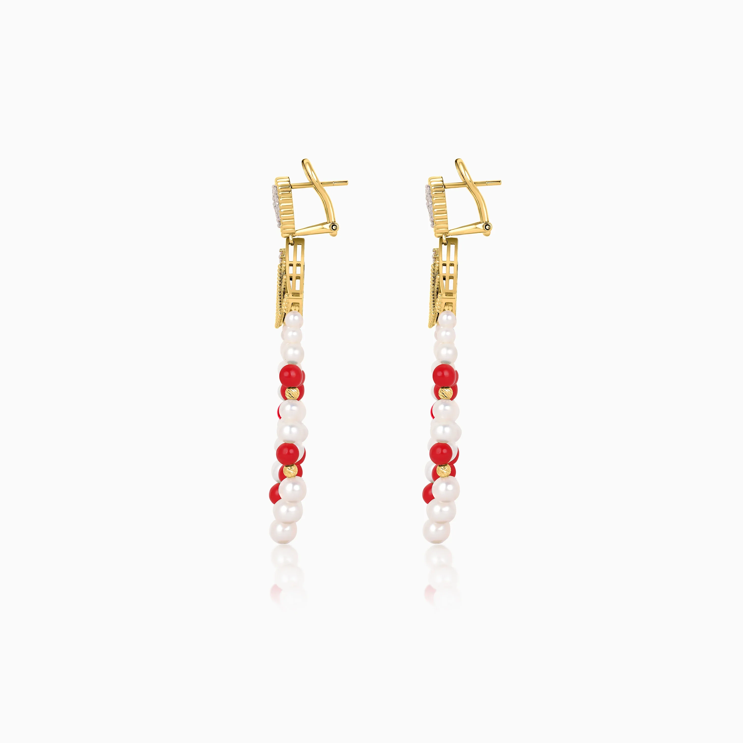 18K Yellow Gold Dangling Earrings with Pearls, Natural Diamonds and coral stones - Image 4