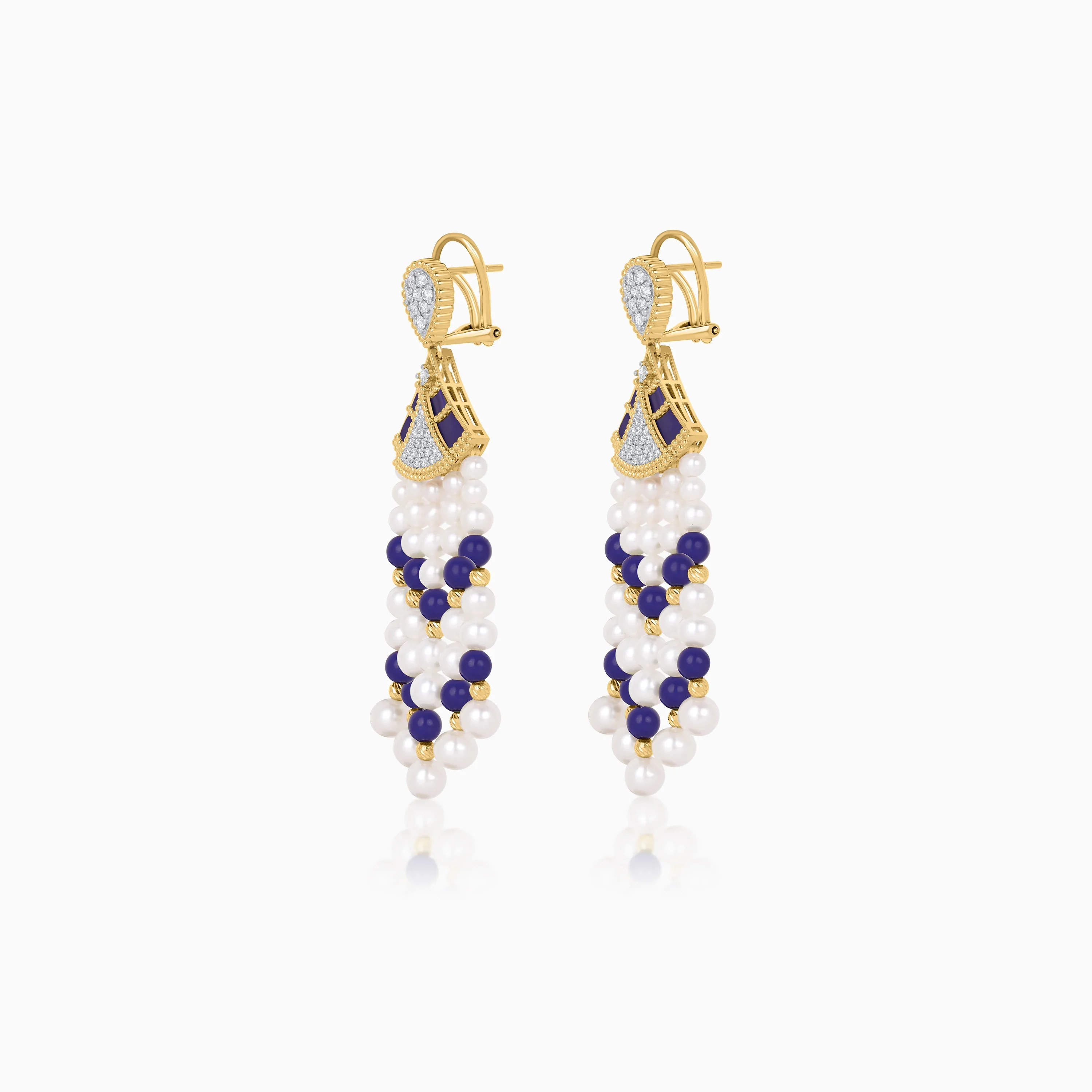 18K Yellow Gold Dangling Earrings with Pearls, Natural Diamonds and Lazurite stones - Image 3