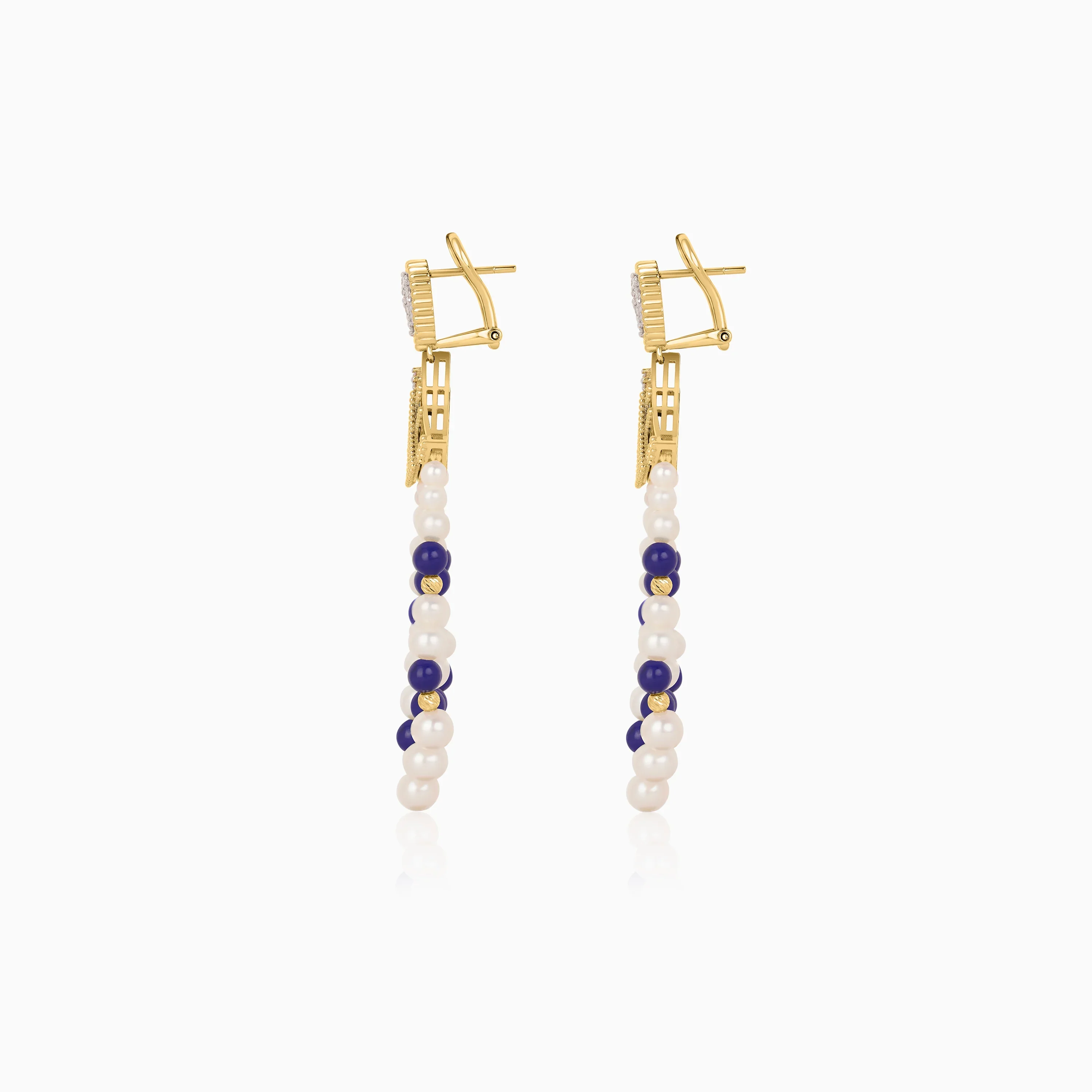 18K Yellow Gold Dangling Earrings with Pearls, Natural Diamonds and Lazurite stones - Image 4