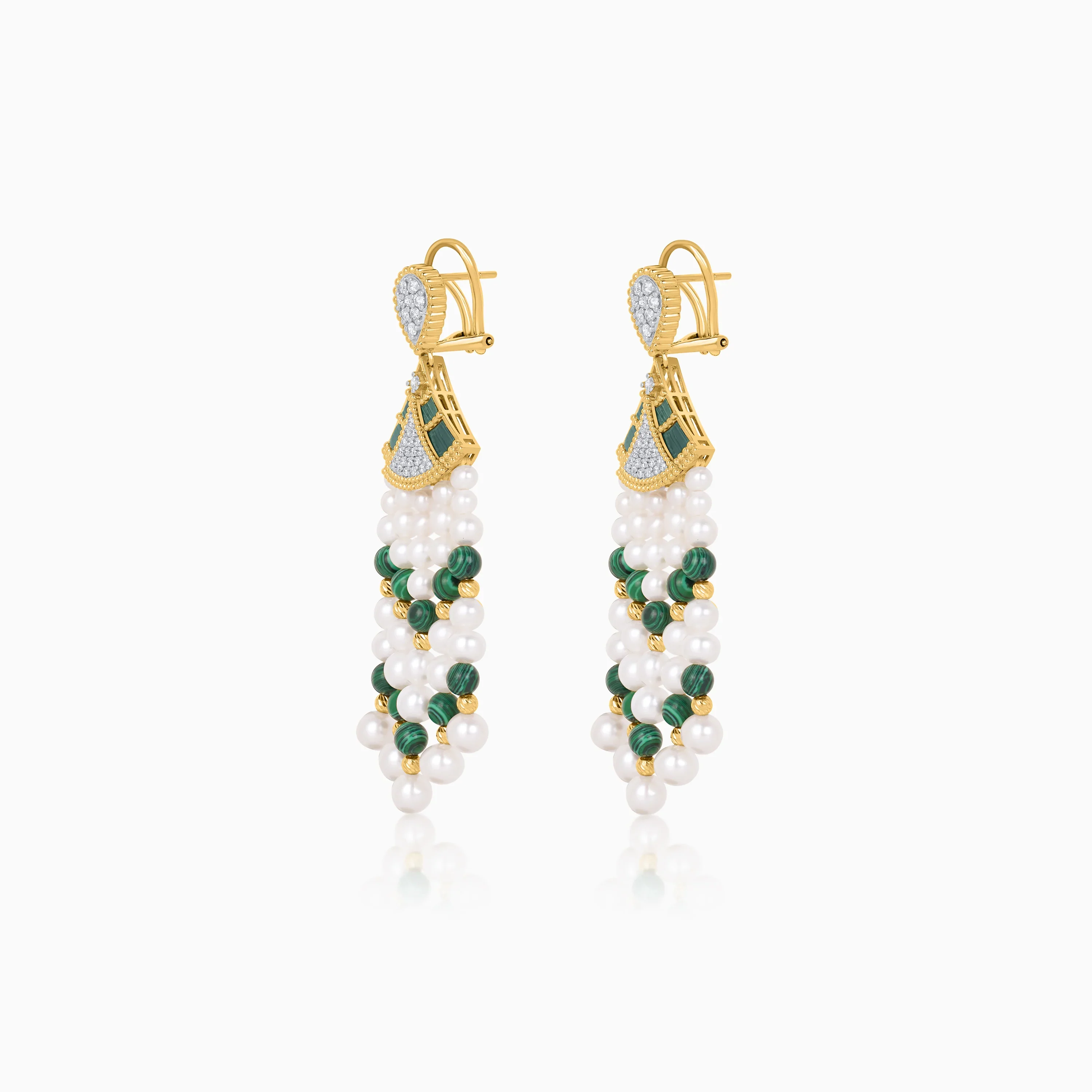 18K Yellow Gold Dangling Earrings with Pearls, Natural Diamonds and Malachite stones - Image 3