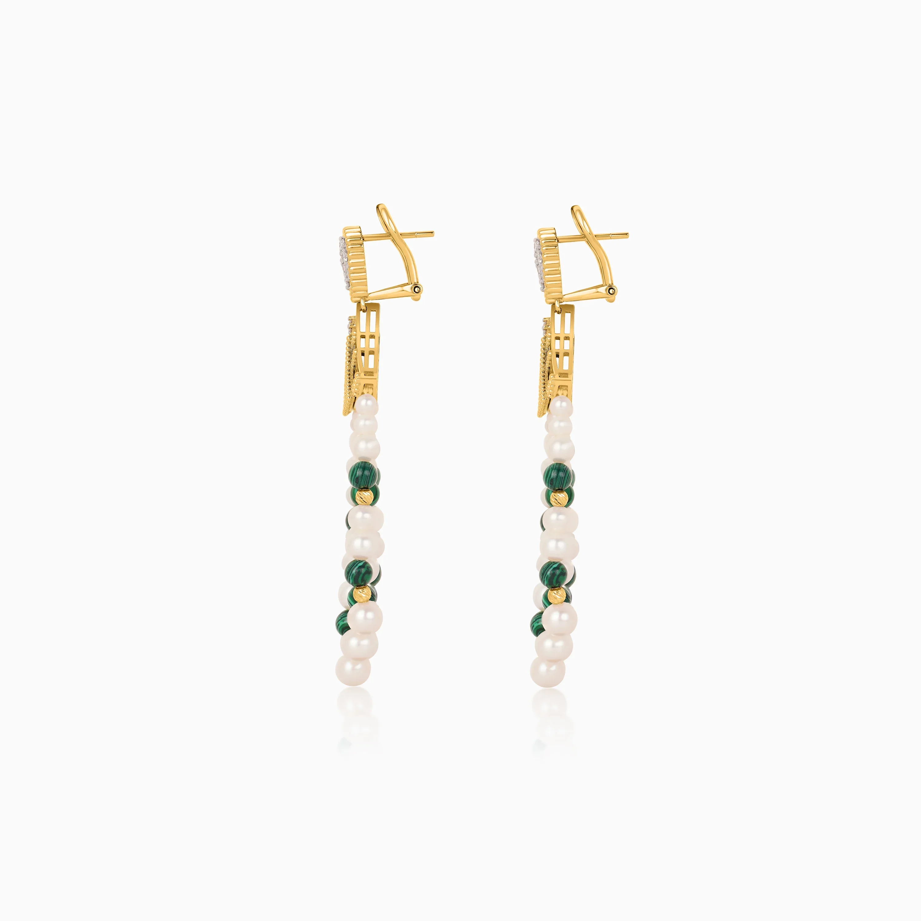 18K Yellow Gold Dangling Earrings with Pearls, Natural Diamonds and Malachite stones - Image 4
