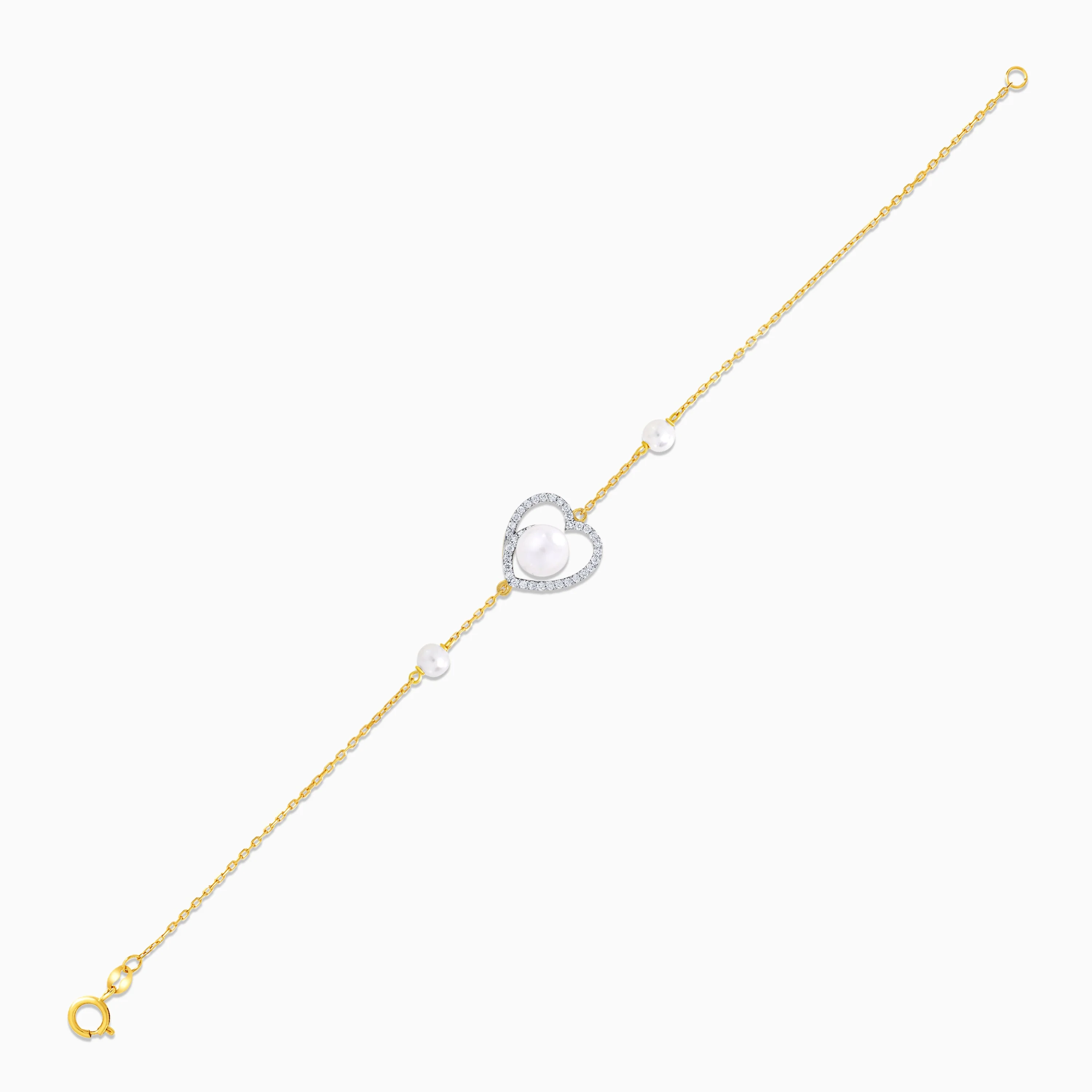 18K Yellow Gold Diamond Heart and Triple Pearl Bracelet - Danah Diamond Collection - Image 3