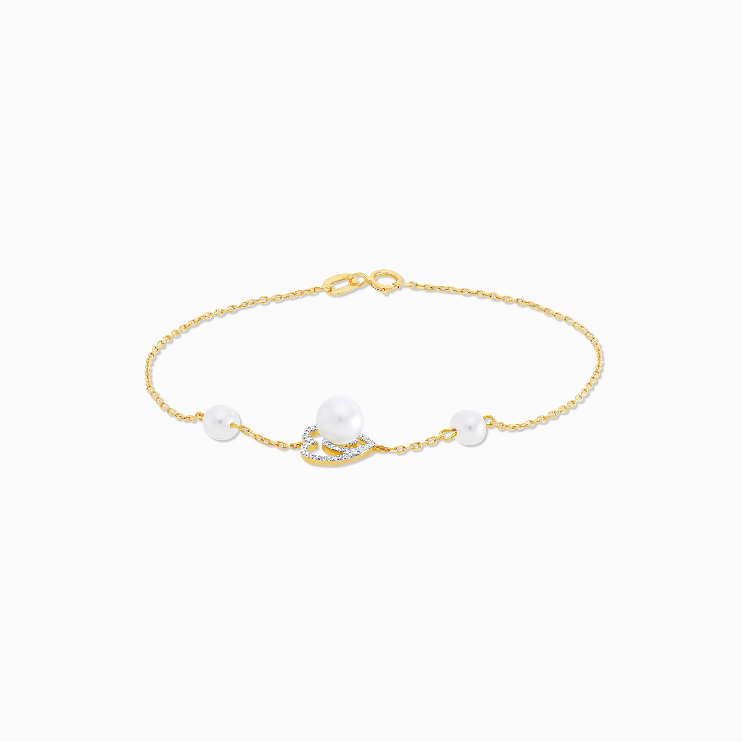 18K Yellow Gold Diamond Heart and Triple Pearl Bracelet - Danah Diamond Collection - Image 4