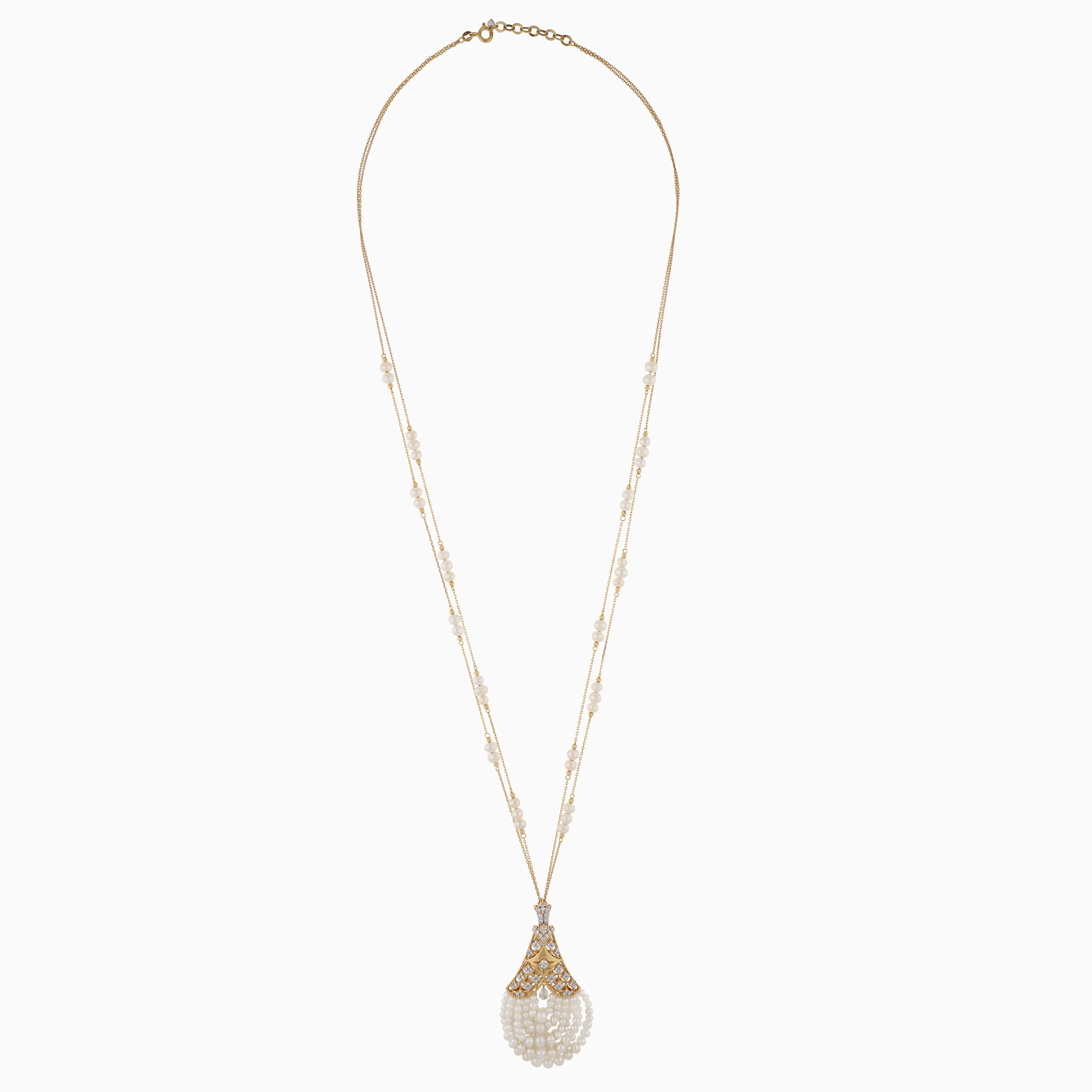 18k Yellow Gold Double Chain Necklace with Natural Diamonds and Pearls | Danah Diamond Collection - Image 2