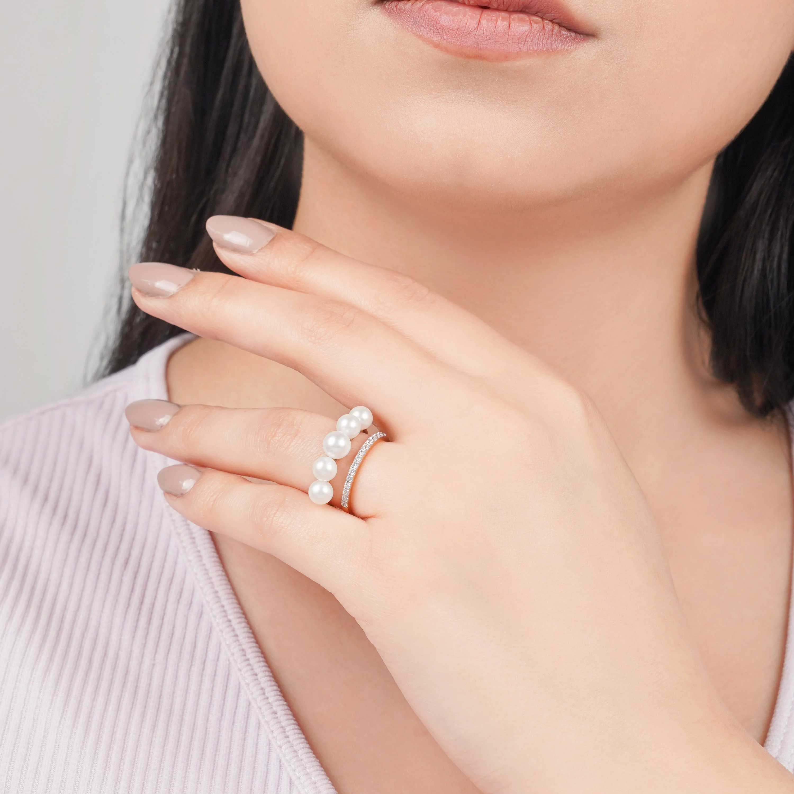 18k Yellow Gold Double Circle Pearl & Zircon Ring | Danah Collection - Image 2