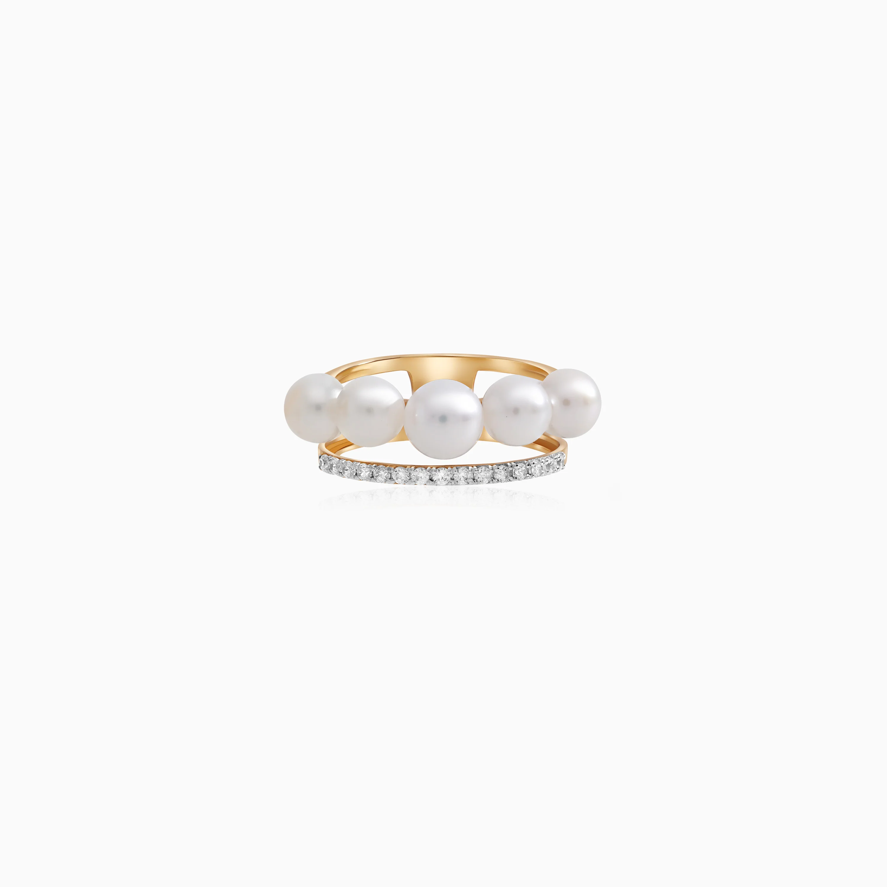 18k Yellow Gold Double Circle Pearl & Zircon Ring | Danah Collection - Image 3