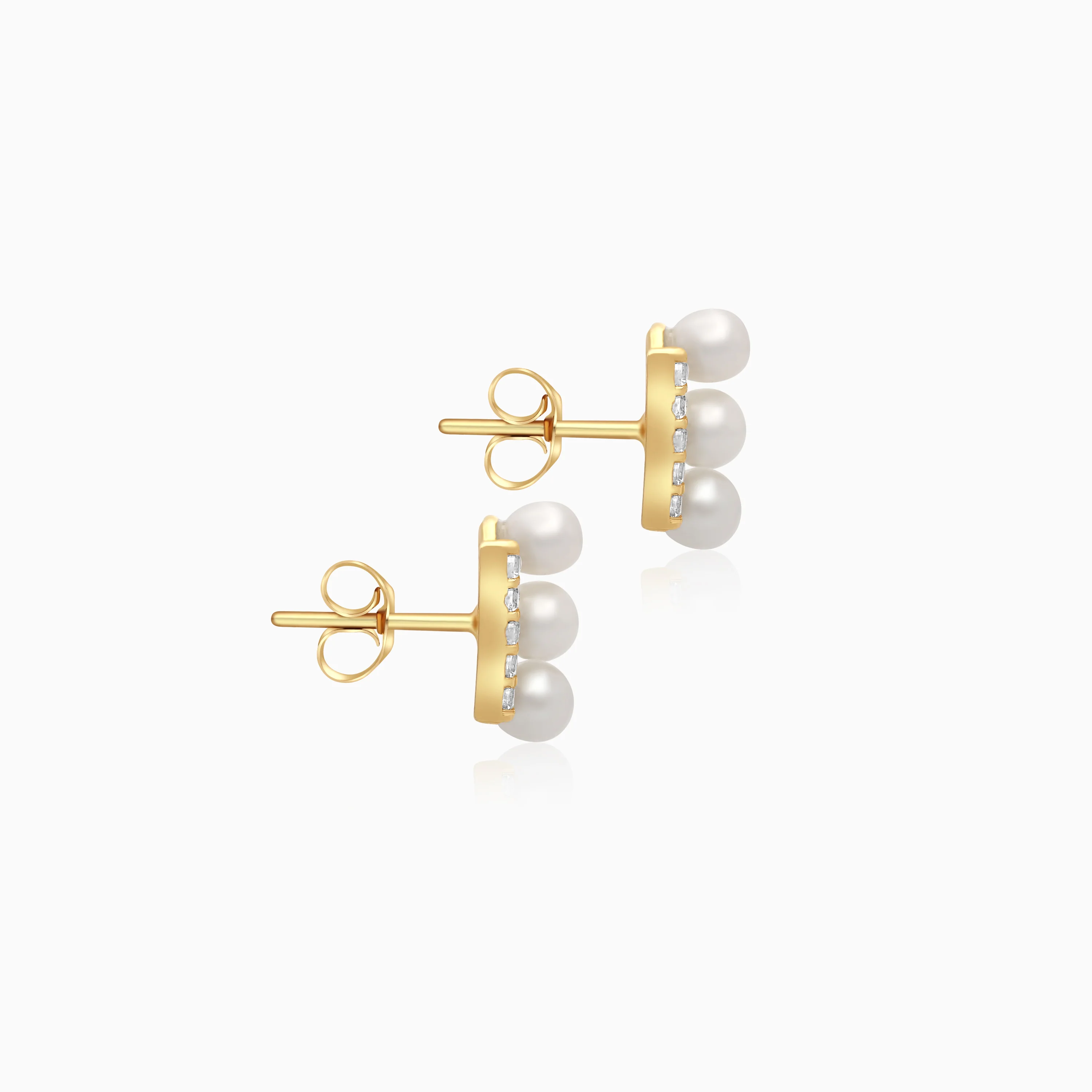 18k yellow gold earrings features 3 pearls aligning with zircon stones - Image 4