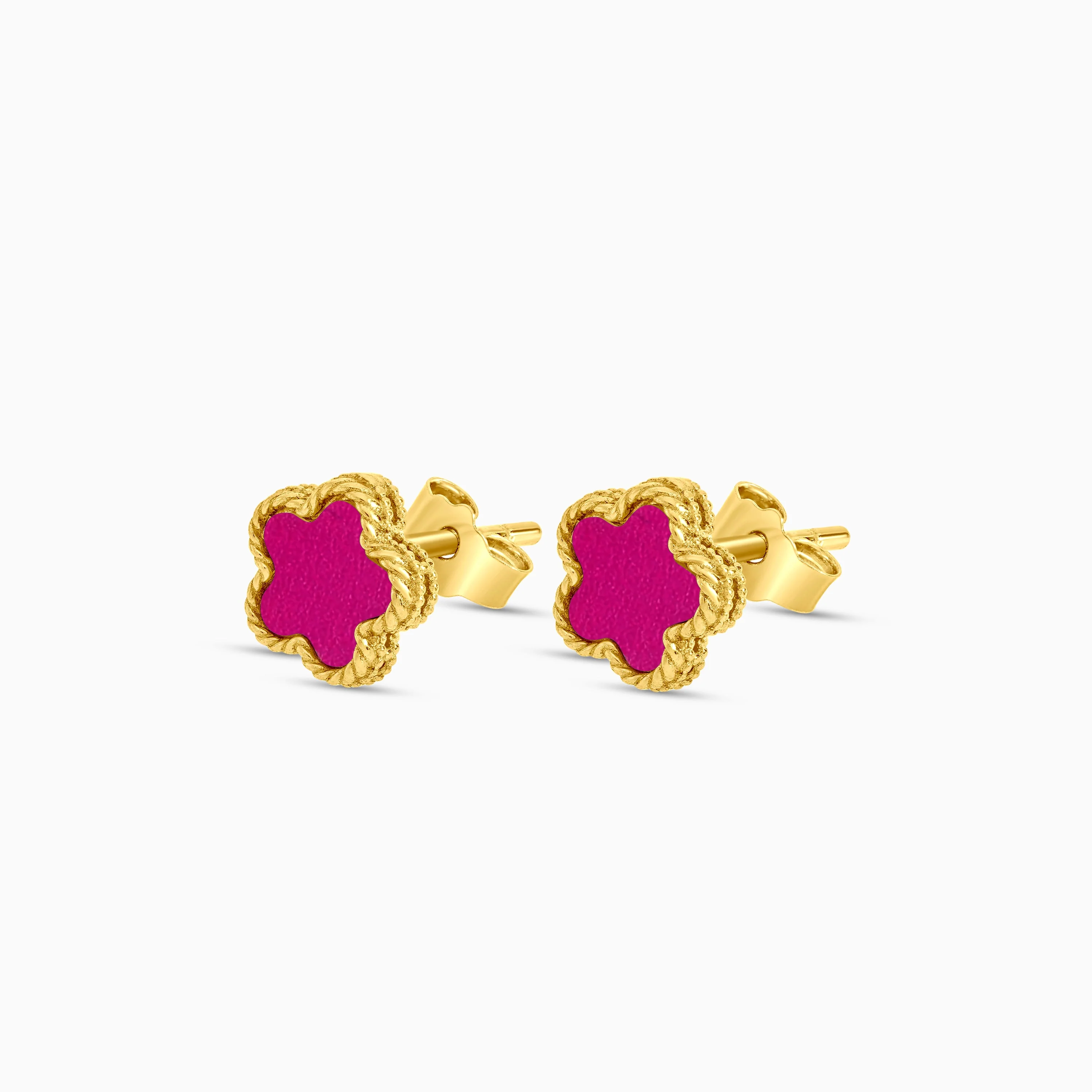 18k yellow gold earrings with double face pendant flower shape decorated with MOP and pink  colour for kids - Vivante collection - Image 2