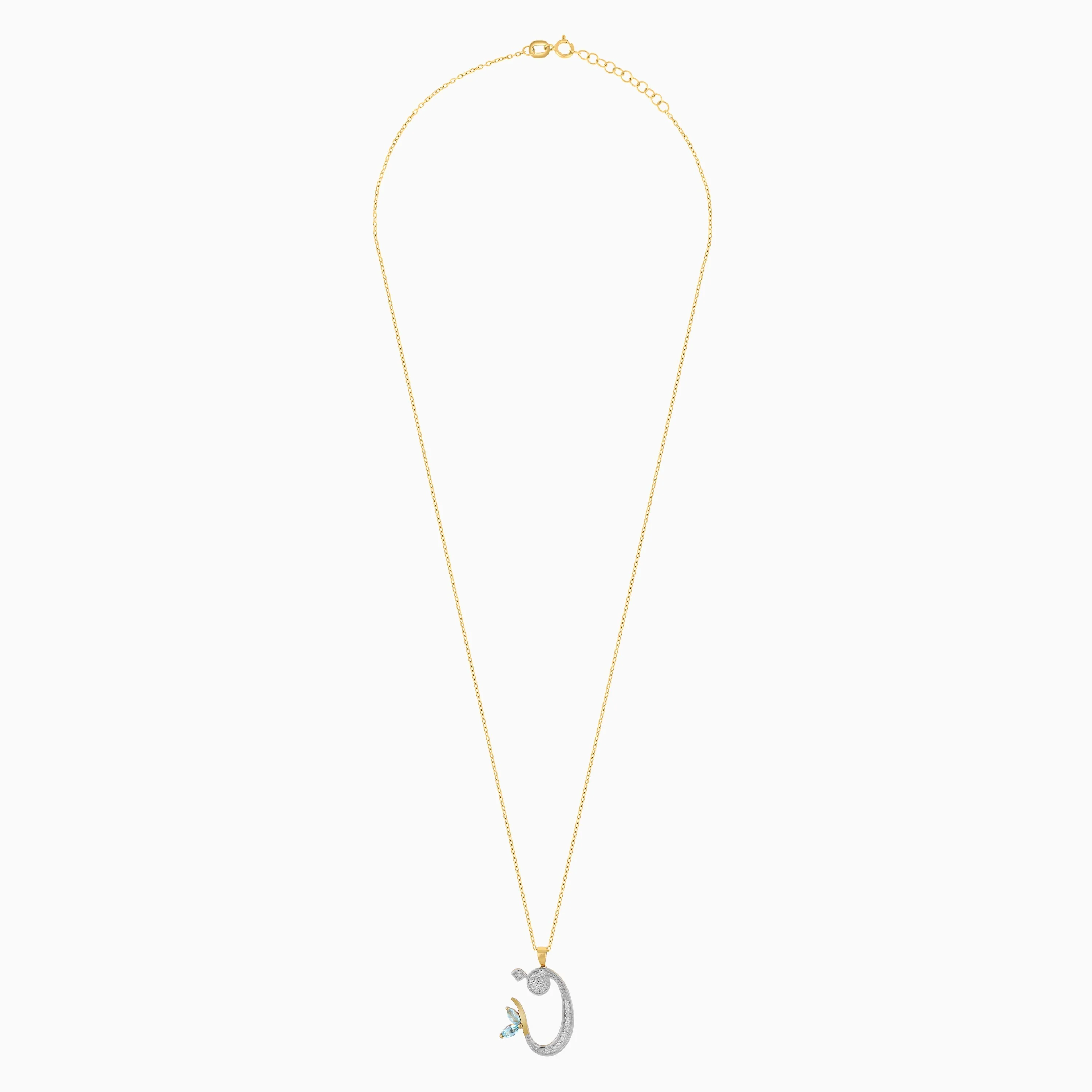 18k Yellow Gold ‘FAA’ Arabic Letter Necklace with Natural Diamonds & Blue Topaz | Horoufi Diamond Collection - Image 3