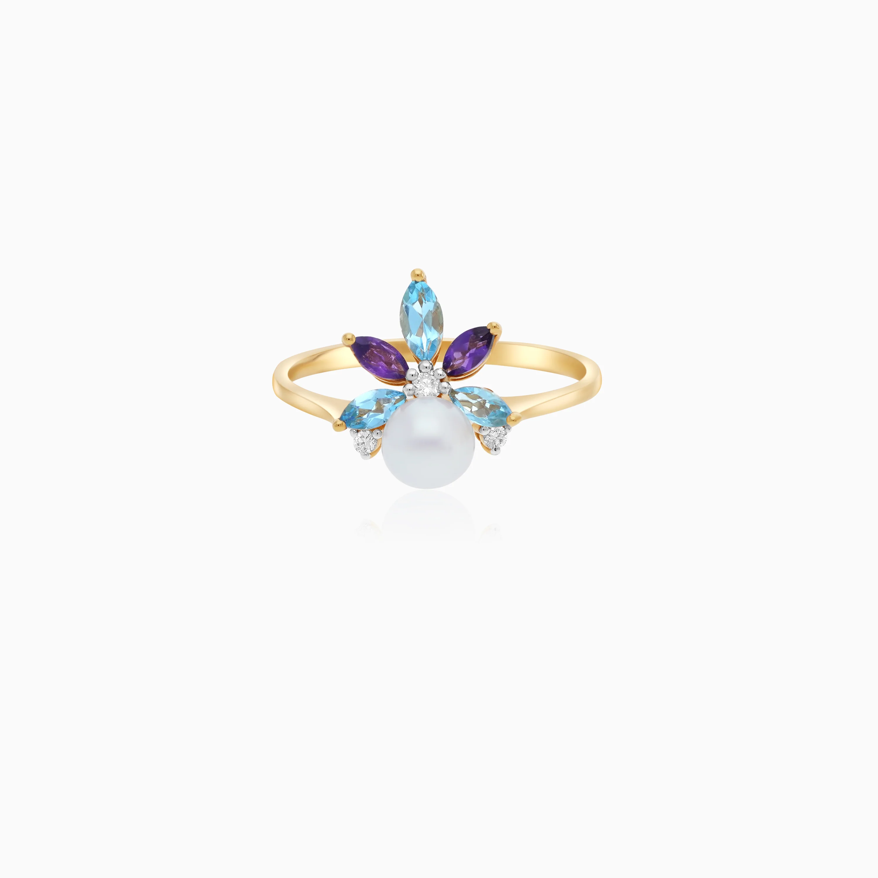 18K Yellow Gold Floral Diamond, Gemstone and Pearl Ring - Danah Diamond Collection - Image 3