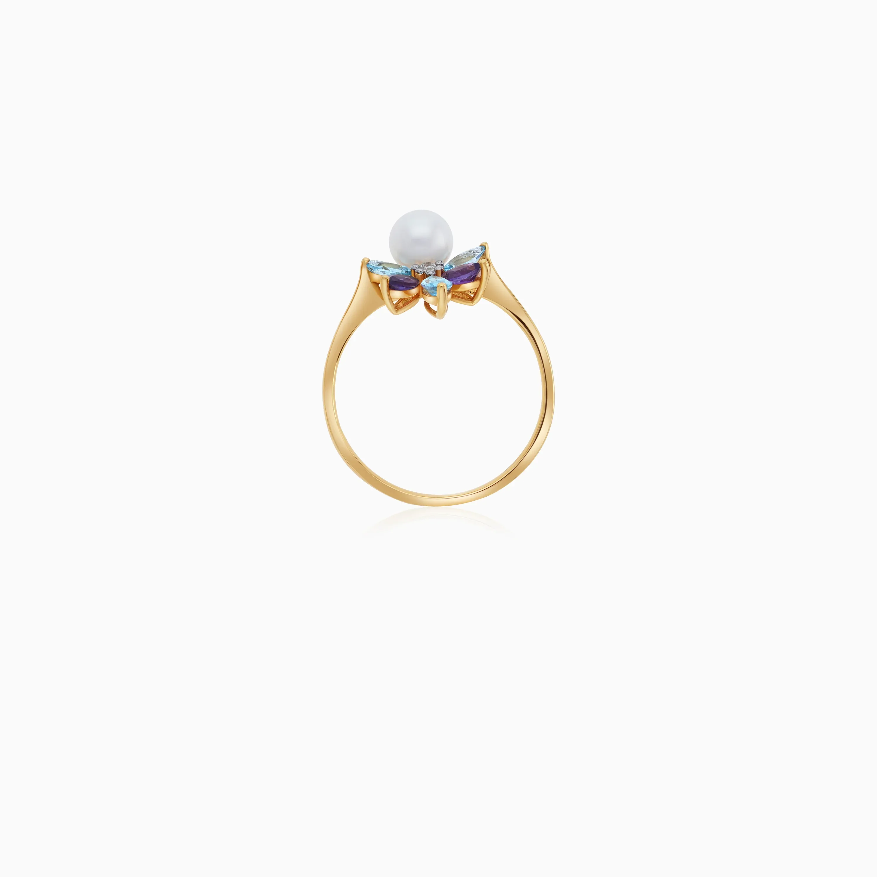 18K Yellow Gold Floral Diamond, Gemstone and Pearl Ring - Danah Diamond Collection - Image 4