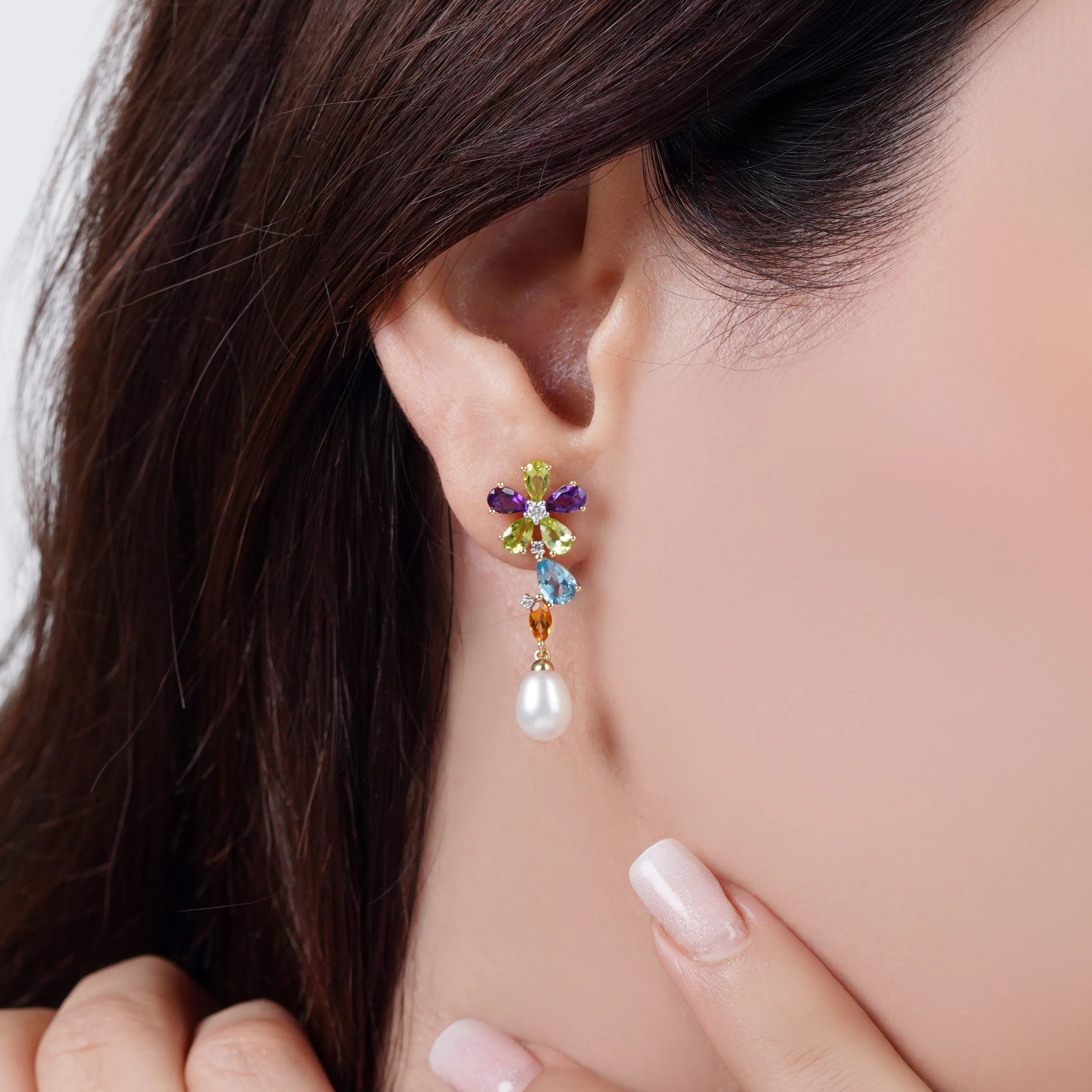 18k Yellow Gold Pearl Earrings with Natural Diamonds and Gemstones | Danah Diamond Collection - Image 2