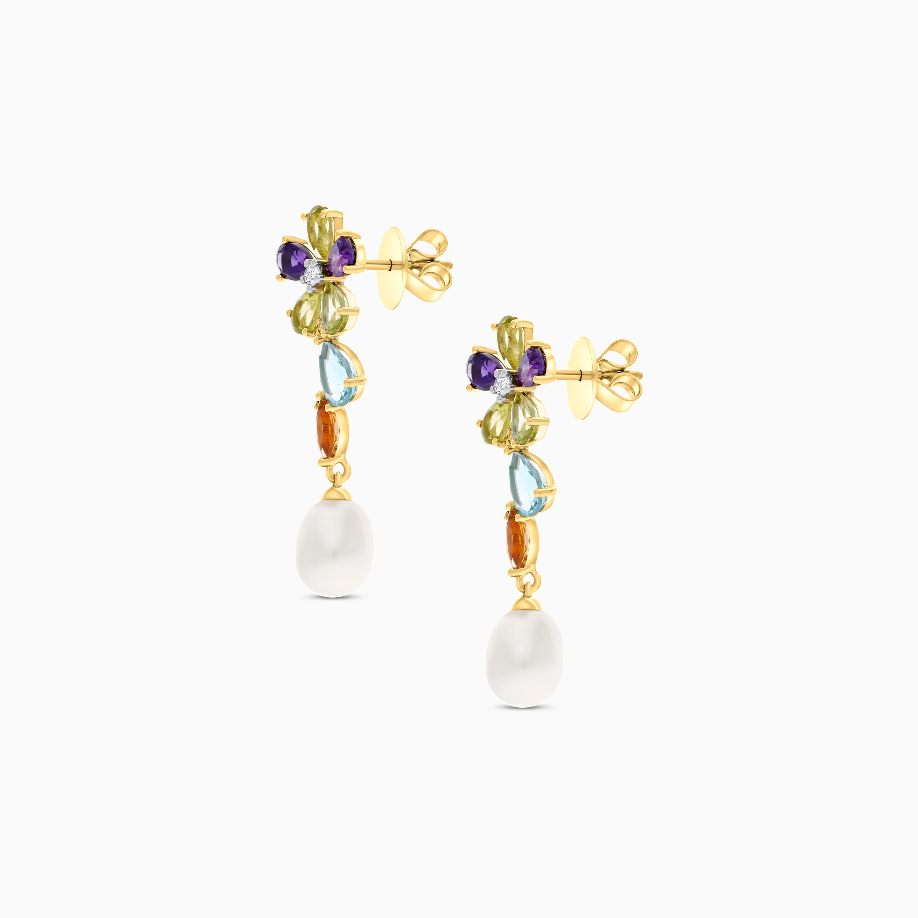18k Yellow Gold Pearl Earrings with Natural Diamonds and Gemstones | Danah Diamond Collection - Image 3