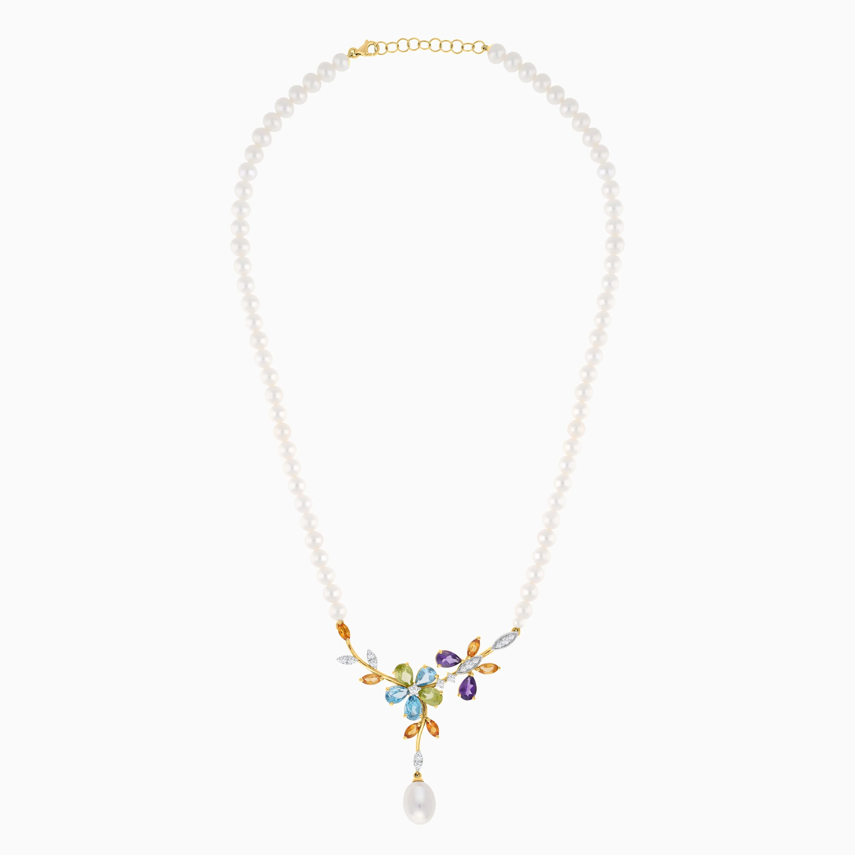 18k Yellow Gold Pearl Necklace with Natural Diamonds and Gemstones | Danah Diamond Collection - Image 3