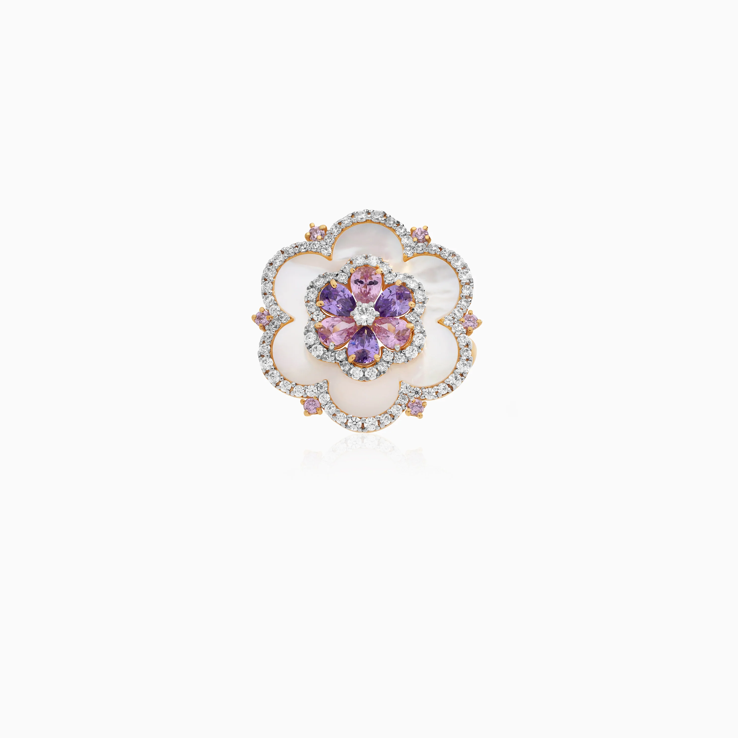 18K Yellow Gold Floral Ring with Mother of Pearl & Multi-Color Zircon – Danah - Image 3