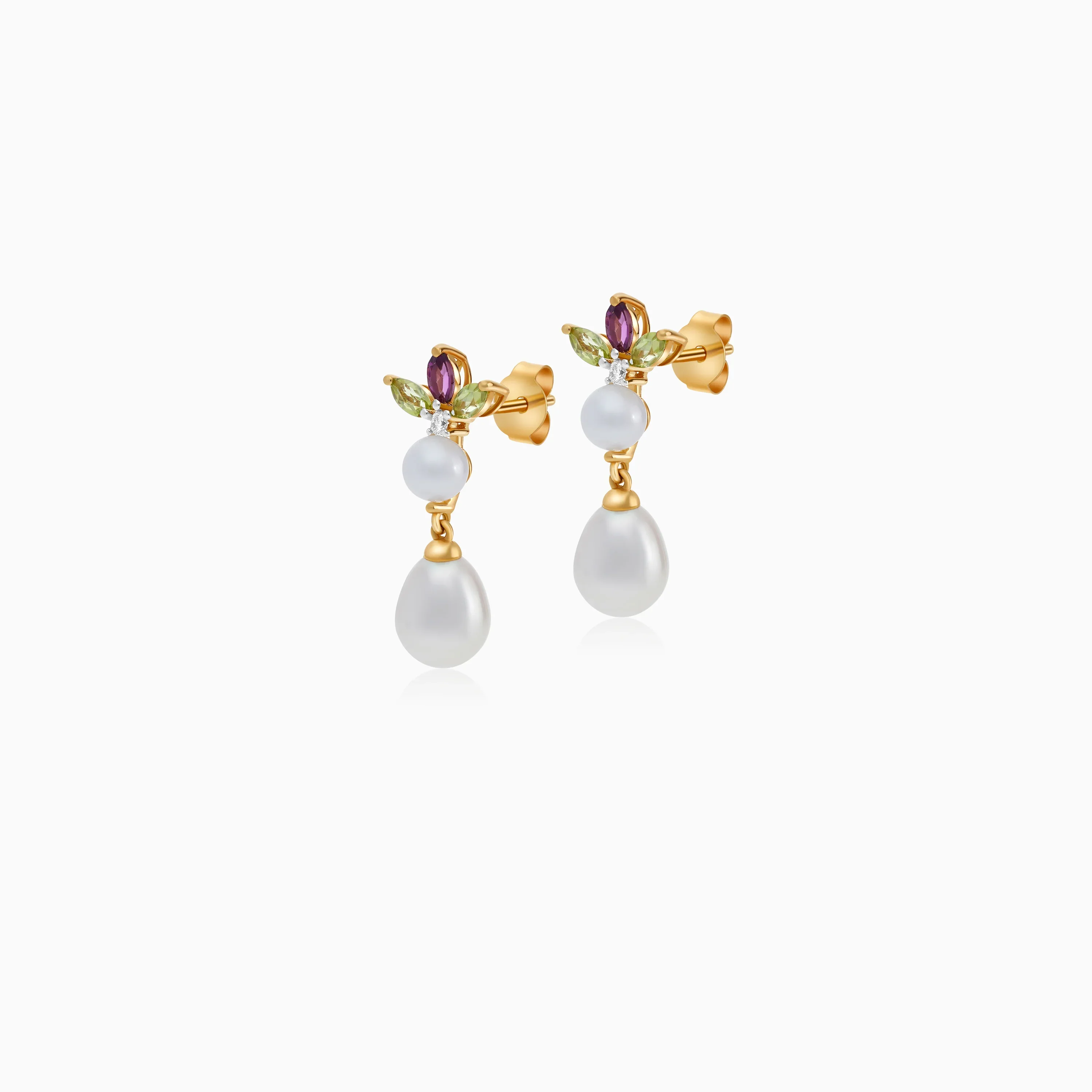 18k Yellow Gold Earrings with Diamonds, Gemstone Flowers and Pearls | Danah Diamond Collection - Image 3