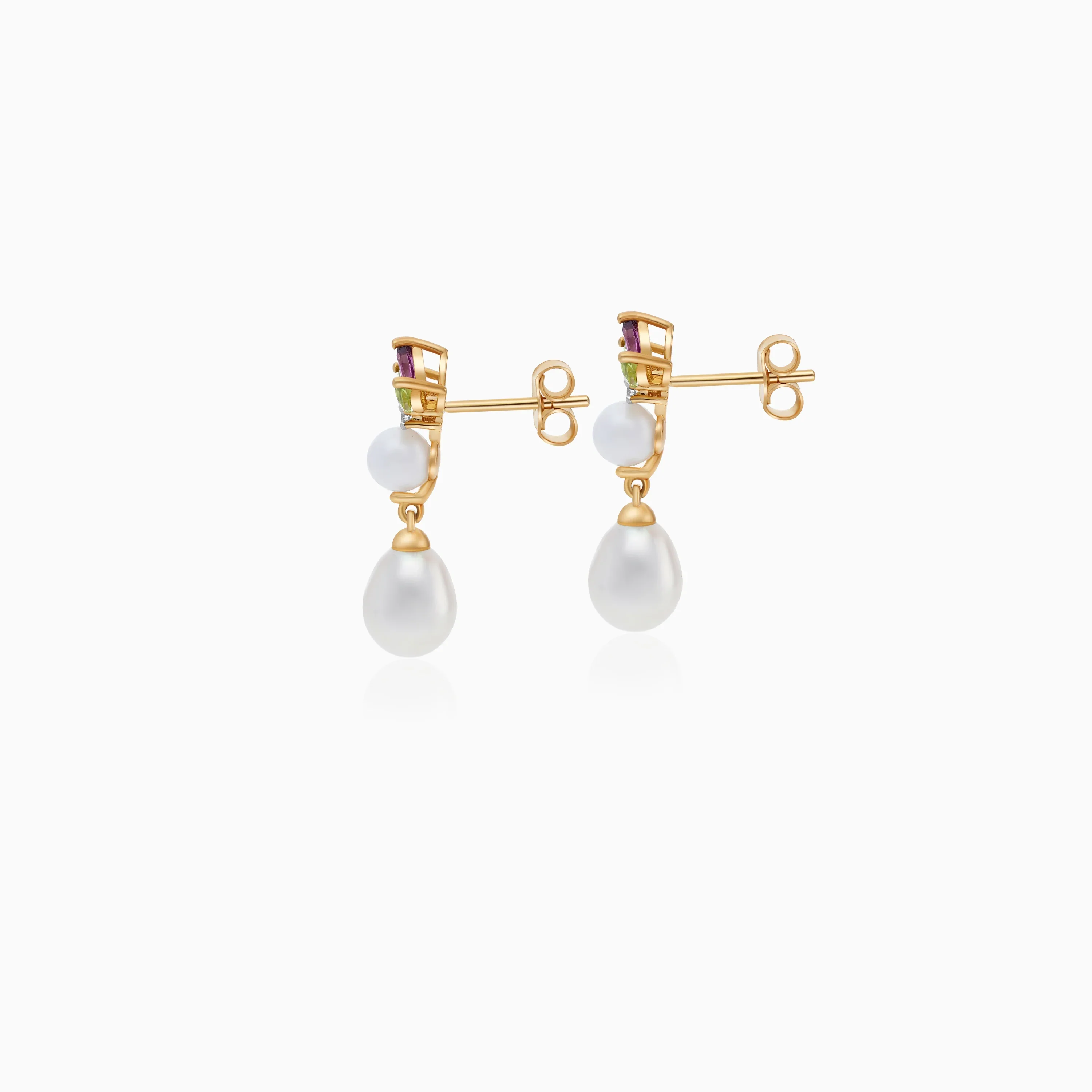 18k Yellow Gold Earrings with Diamonds, Gemstone Flowers and Pearls | Danah Diamond Collection - Image 4