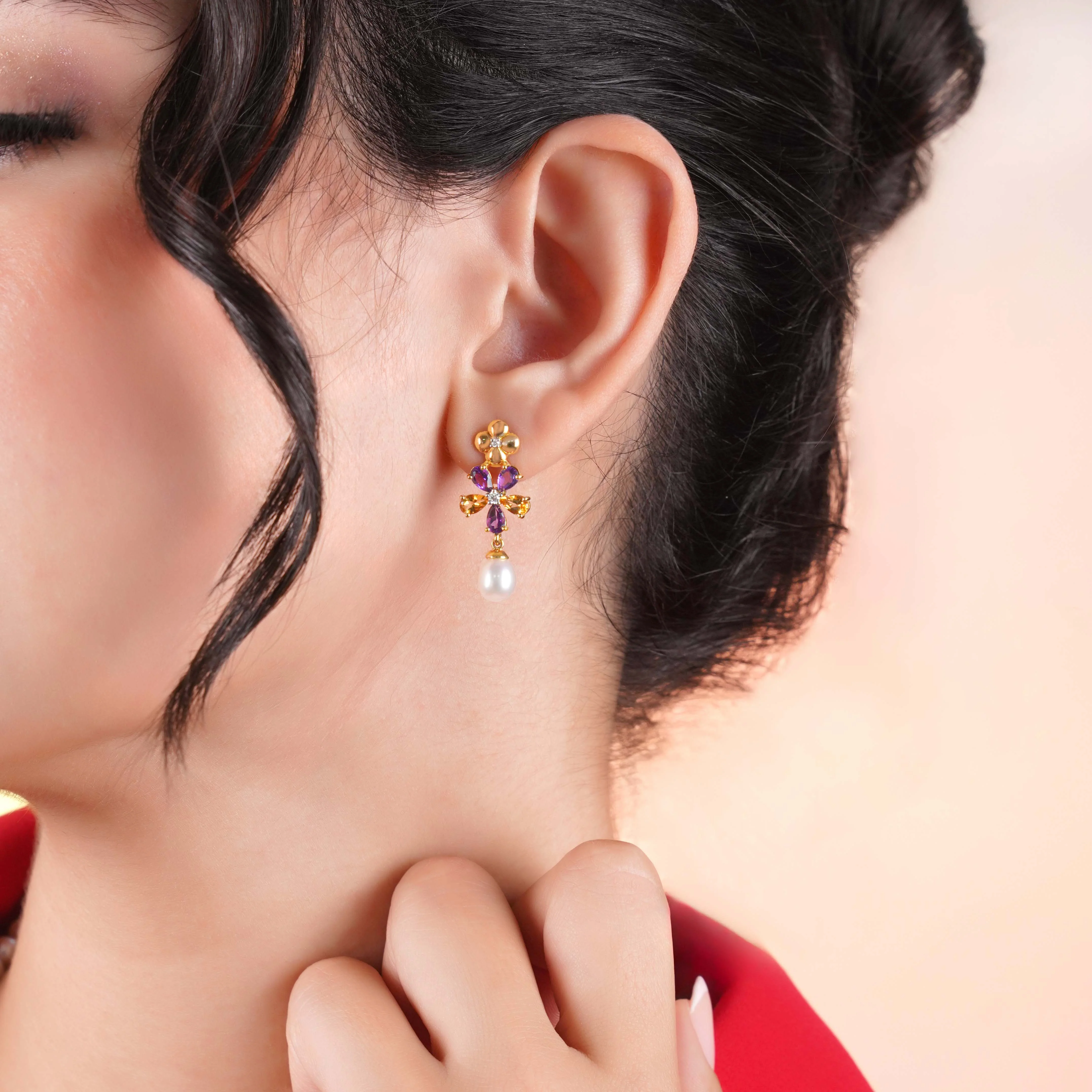 18K Yellow Gold Flower-Shaped Earrings with Dangling Diamonds, Gemstones & Pearls – Danah Collection - Image 2