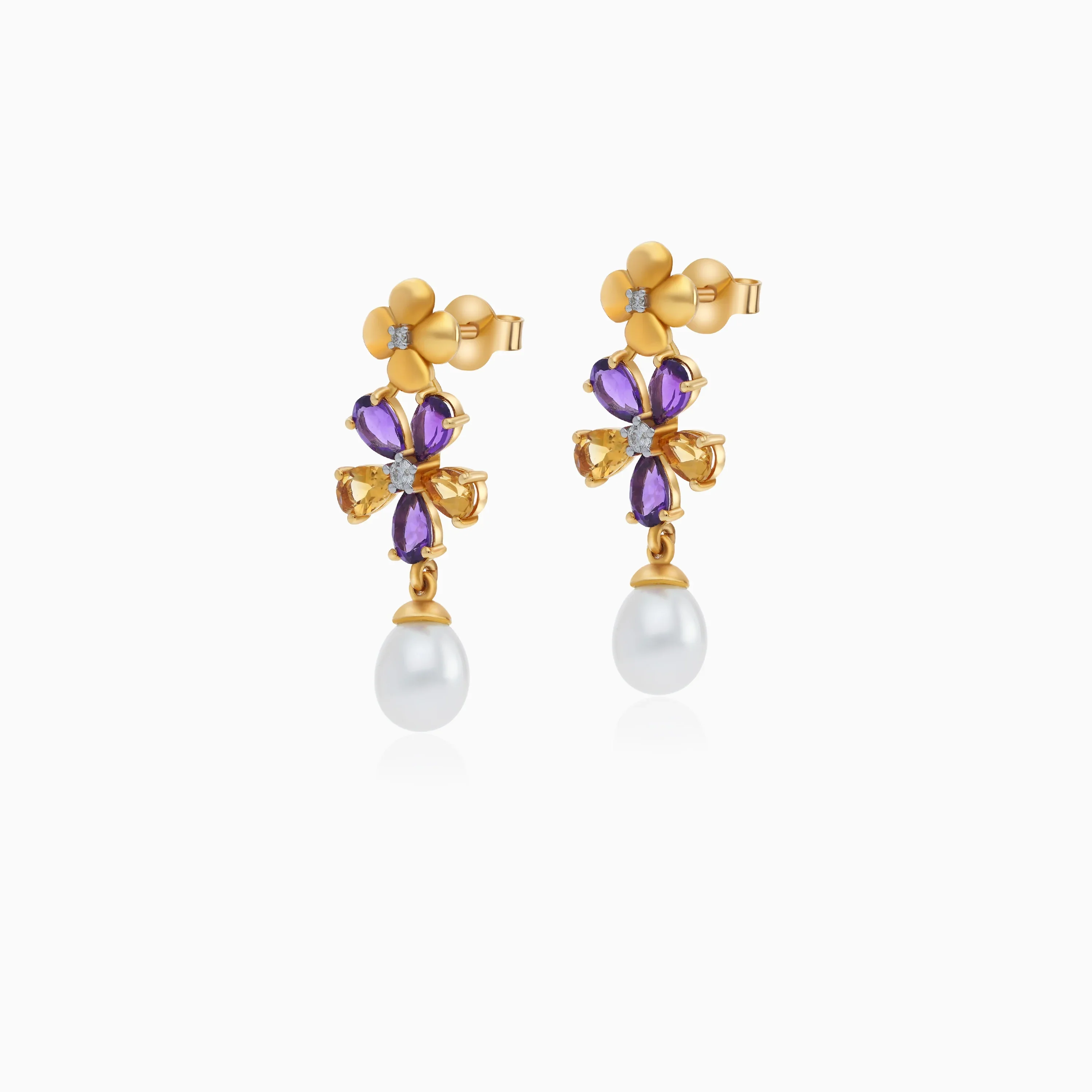 18K Yellow Gold Flower-Shaped Earrings with Dangling Diamonds, Gemstones & Pearls – Danah Collection - Image 3