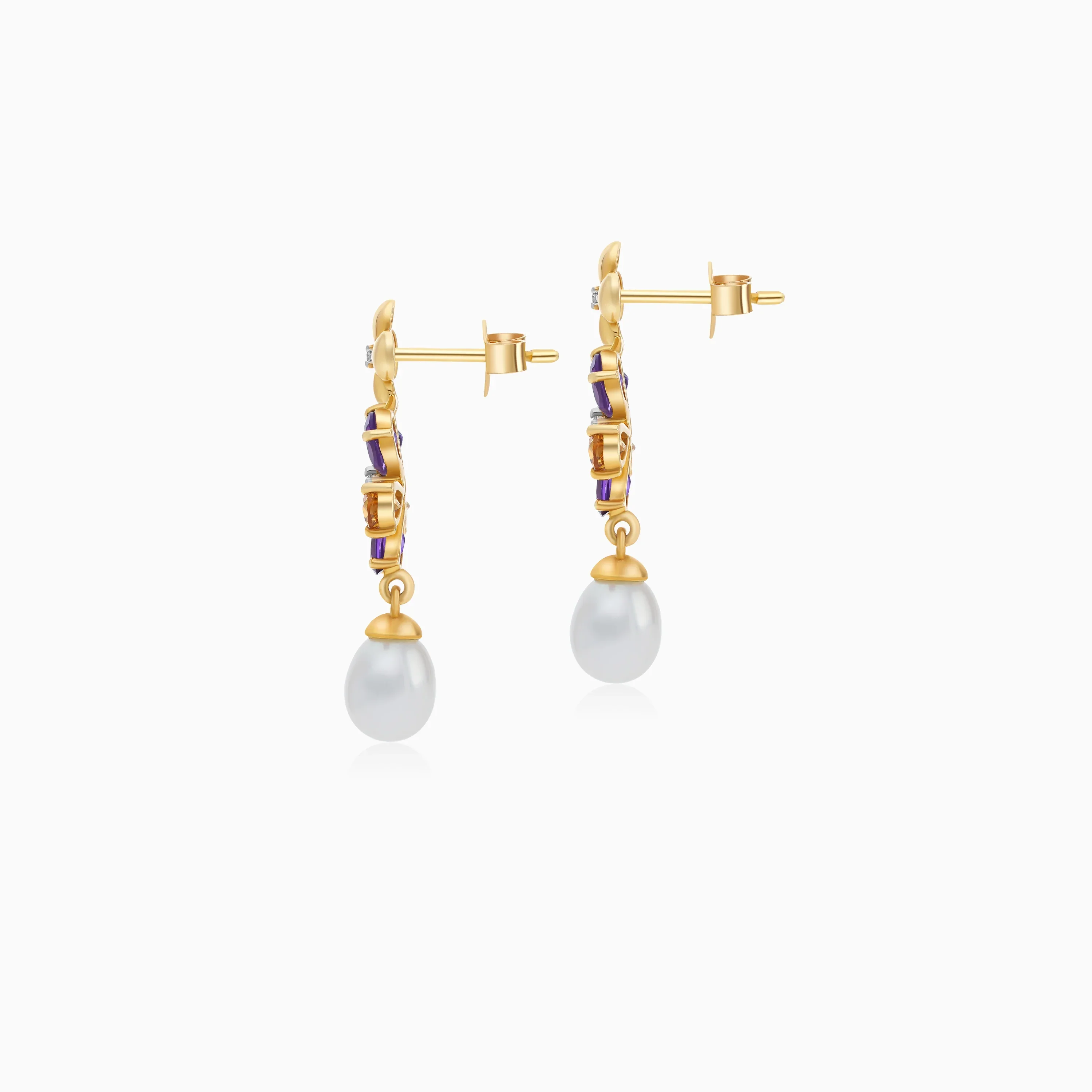 18K Yellow Gold Flower-Shaped Earrings with Dangling Diamonds, Gemstones & Pearls – Danah Collection - Image 4