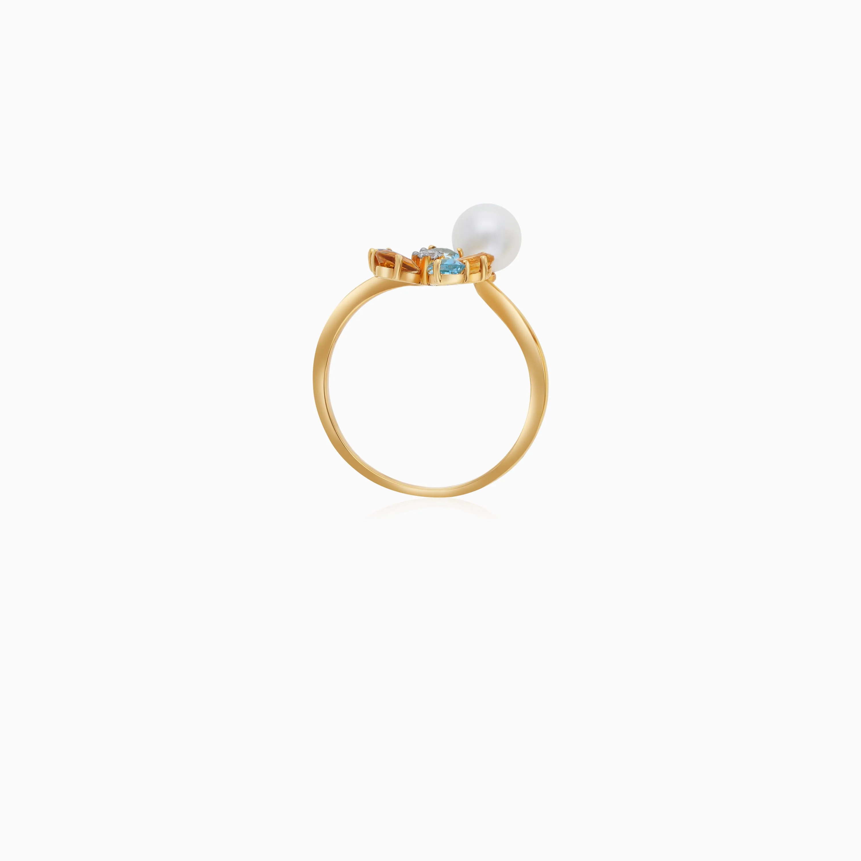 18K Yellow Gold Open Flower Ring with Diamonds, Gemstones & Single Pearl – Danah Collection - Image 3