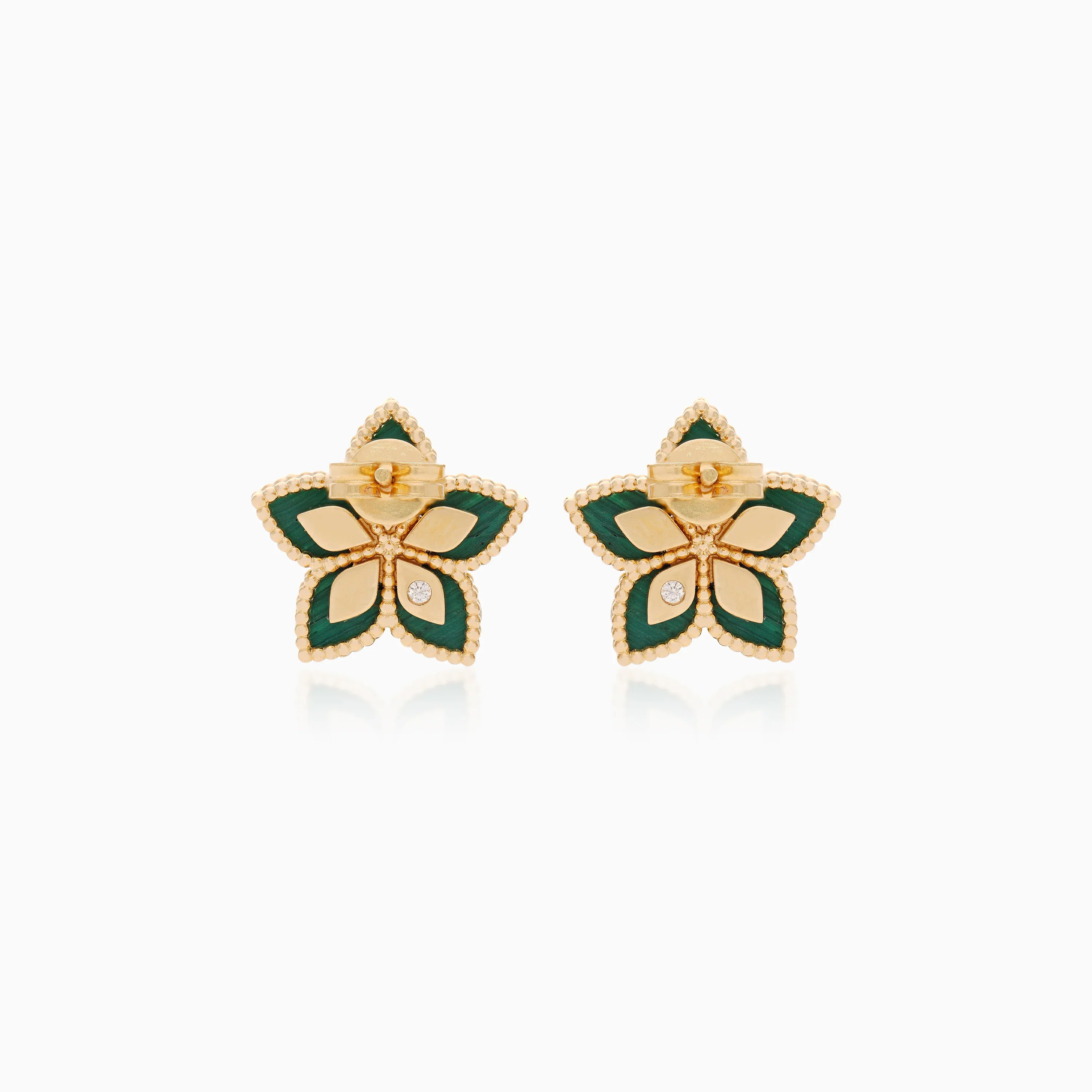 18K Yellow Gold Malachite Flower Earrings  decorated with natural diamond stones - Fortuna Diamond Collection - Image 3