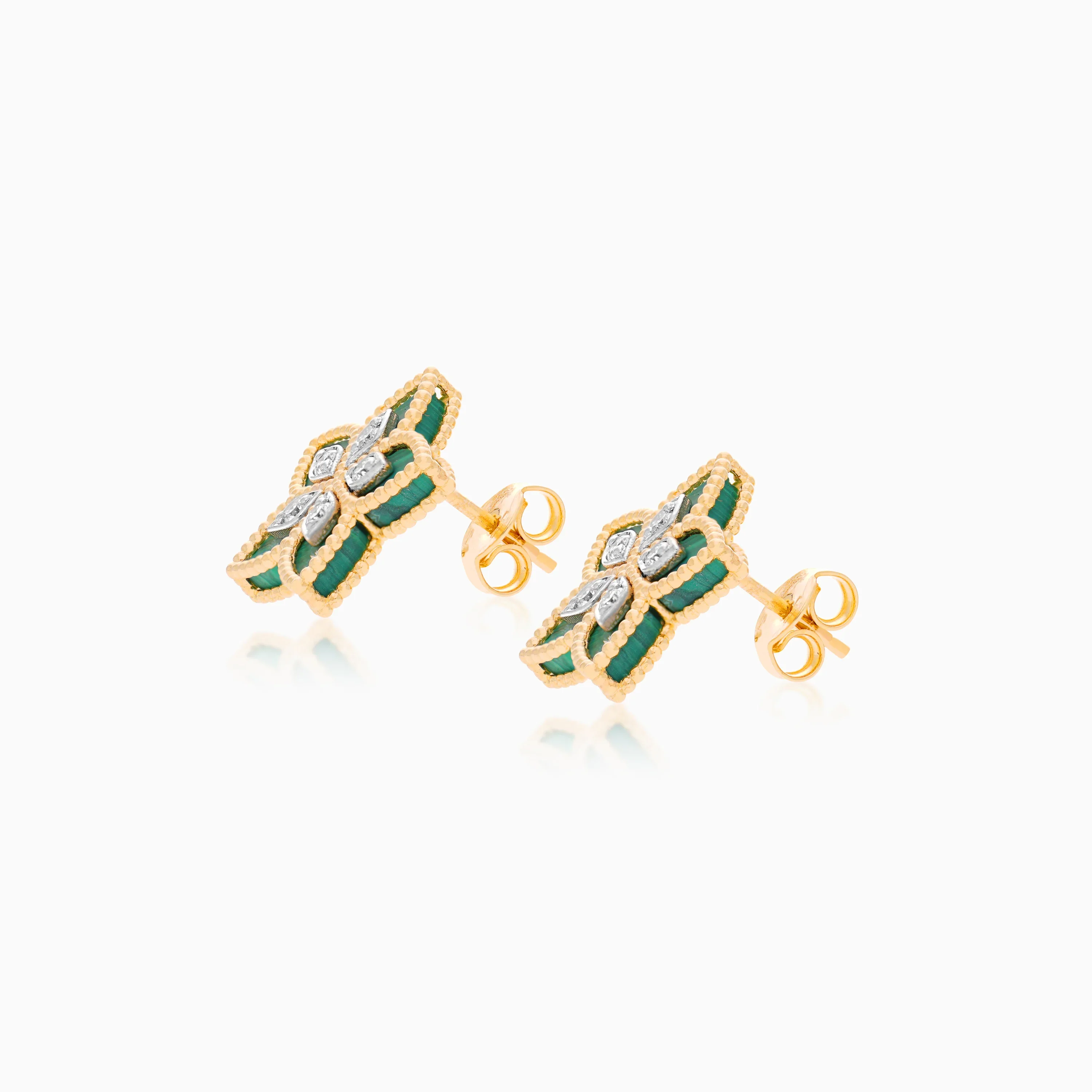 18K Yellow Gold Malachite Flower Earrings  decorated with natural diamond stones - Fortuna Diamond Collection - Image 4