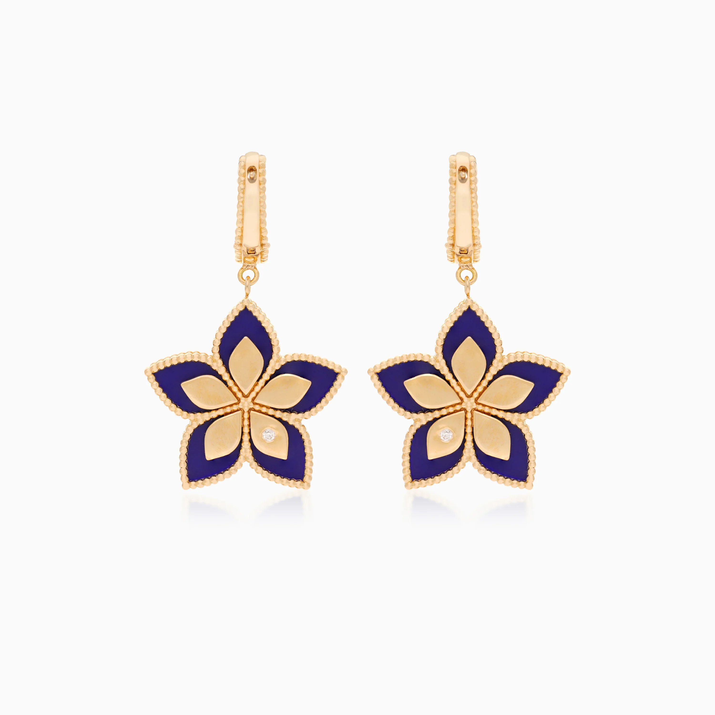 18K Yellow Gold Floral Earrings with Diamonds and Lapis Lazuli - Fortuna Diamond Collection - Image 3