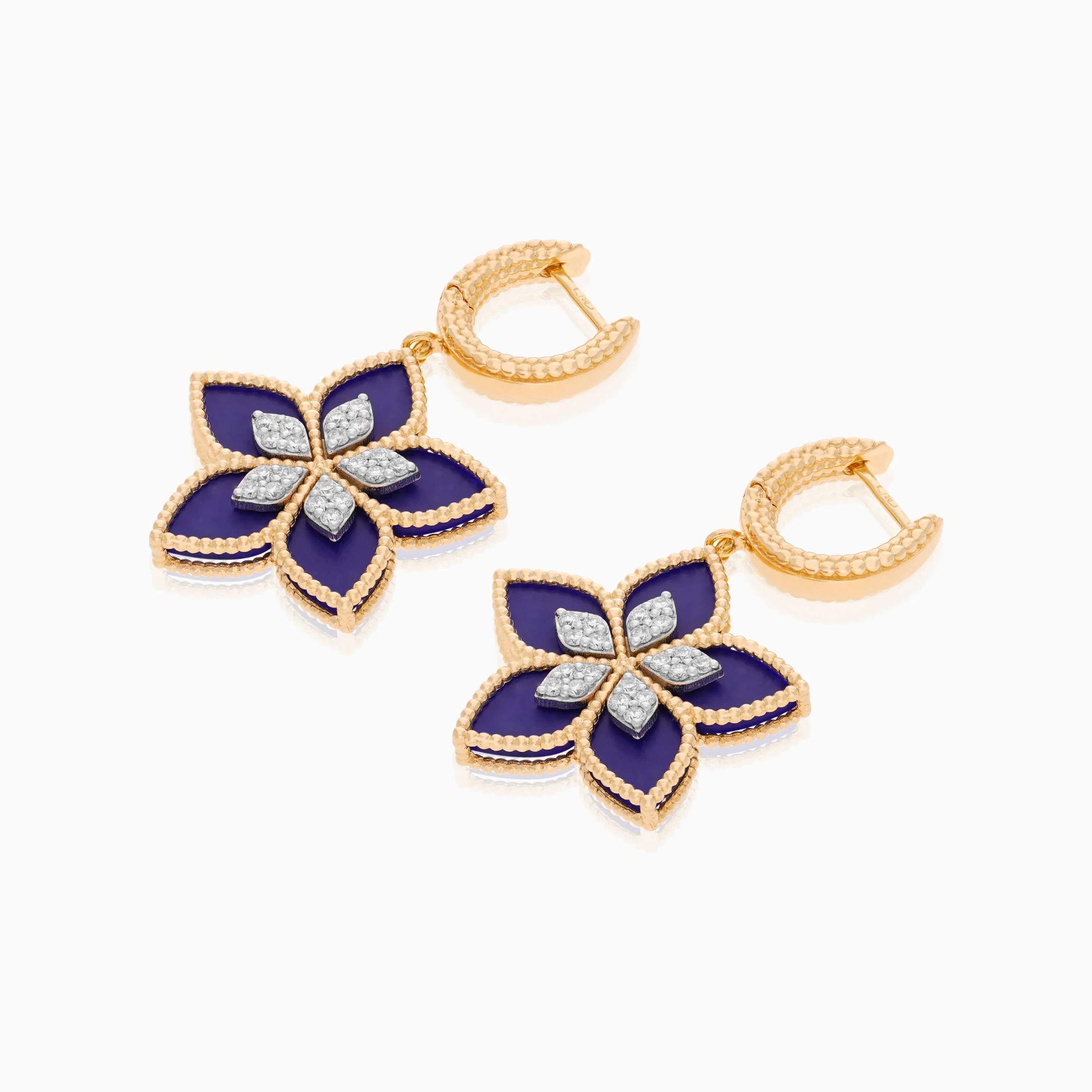 18K Yellow Gold Floral Earrings with Diamonds and Lapis Lazuli - Fortuna Diamond Collection - Image 4