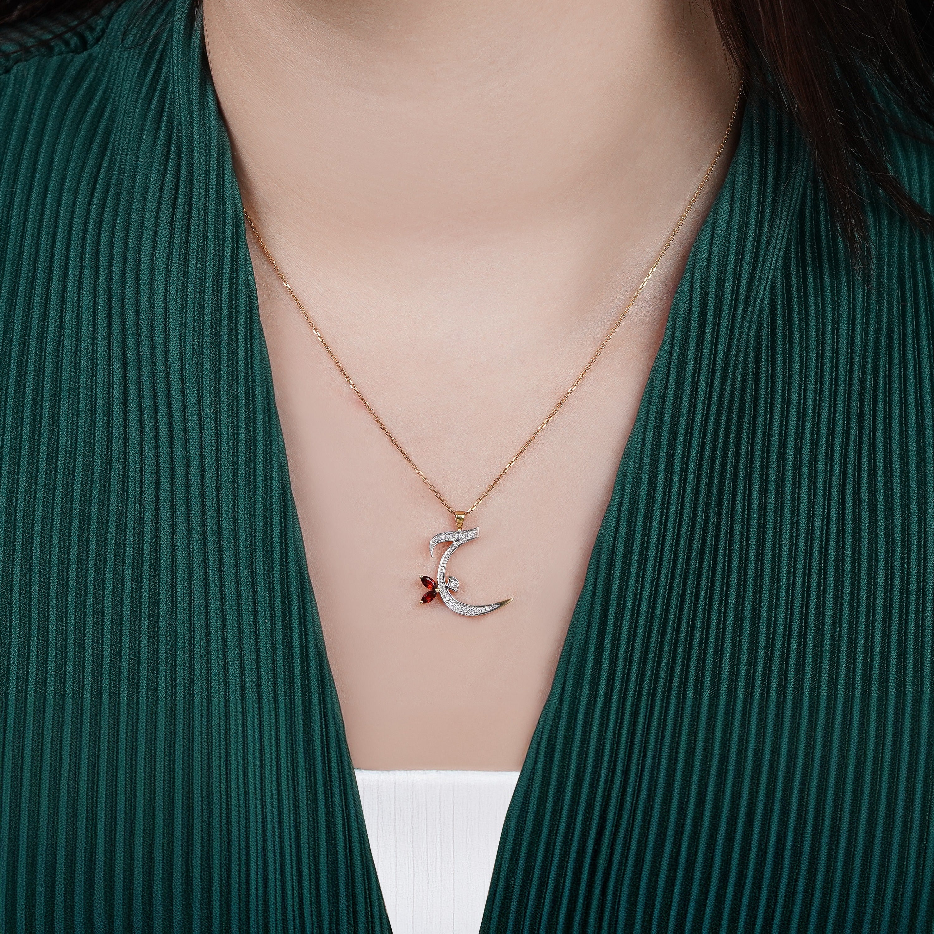18k Yellow Gold Jeem Arabic Letter Necklace with Natural Diamond & Garnet | Horoufi Diamond Collection - Image 2