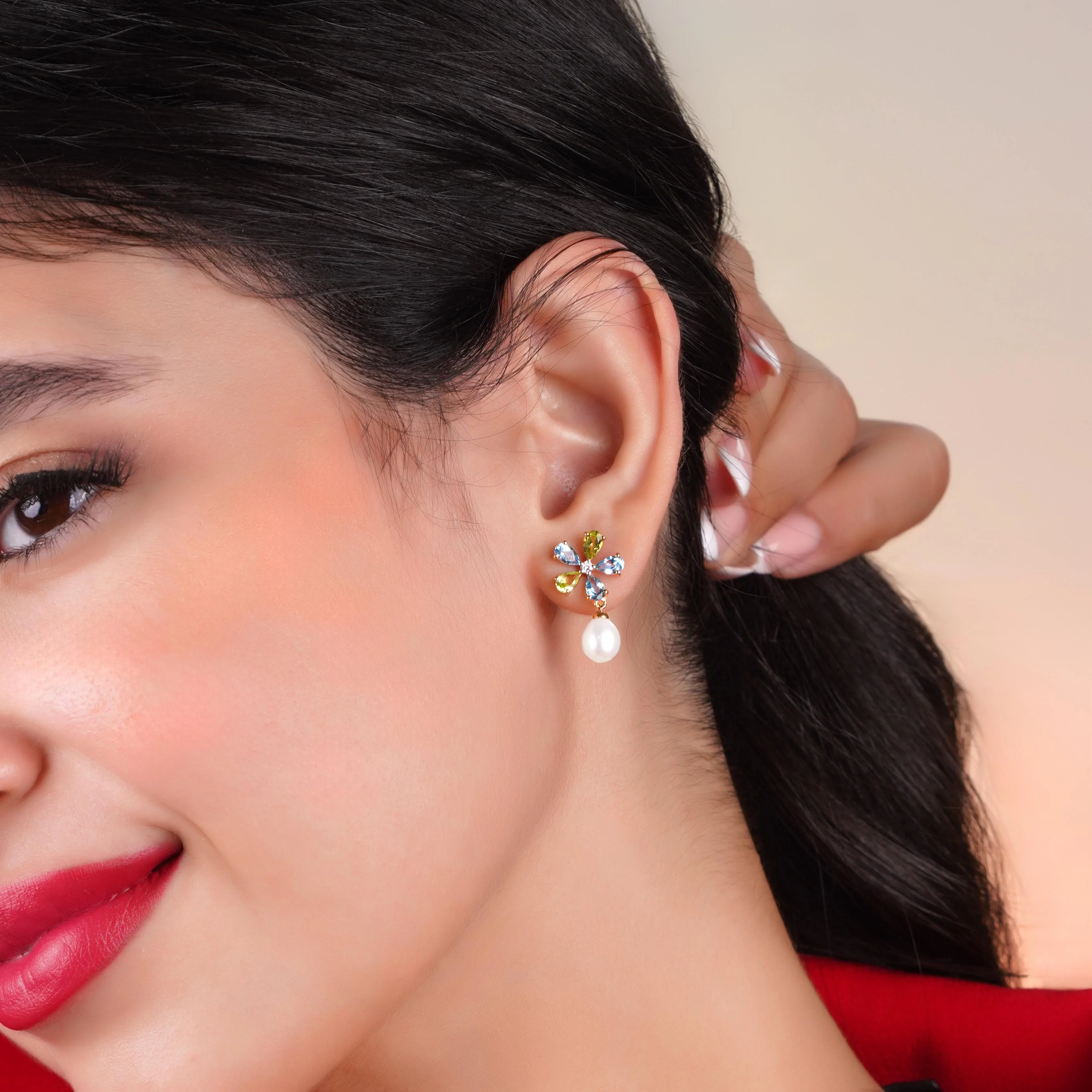 18k Yellow Gold Pearl Earrings with Diamonds and Gemstones | Danah Diamond Collection - Image 2