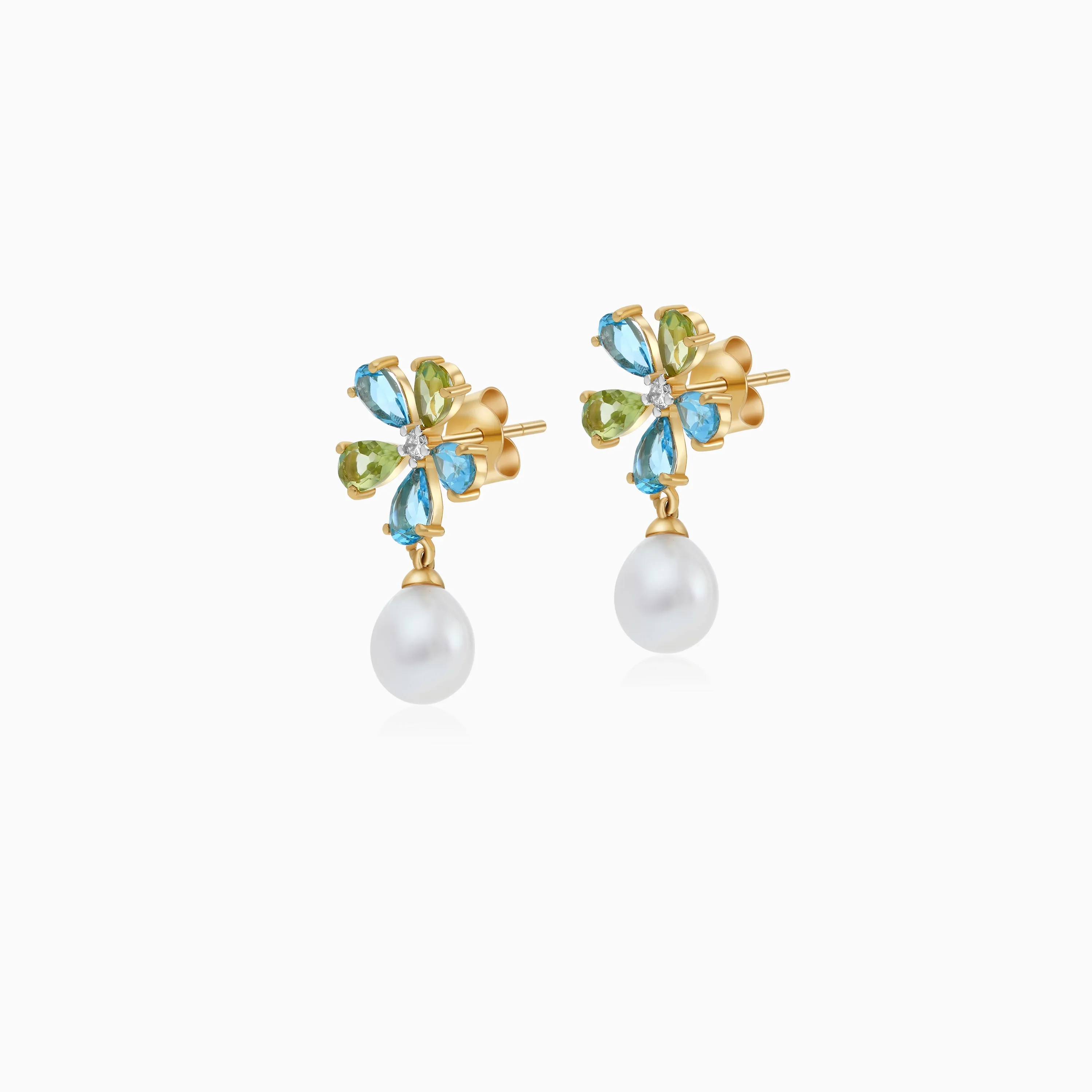 18k Yellow Gold Pearl Earrings with Diamonds and Gemstones | Danah Diamond Collection - Image 3