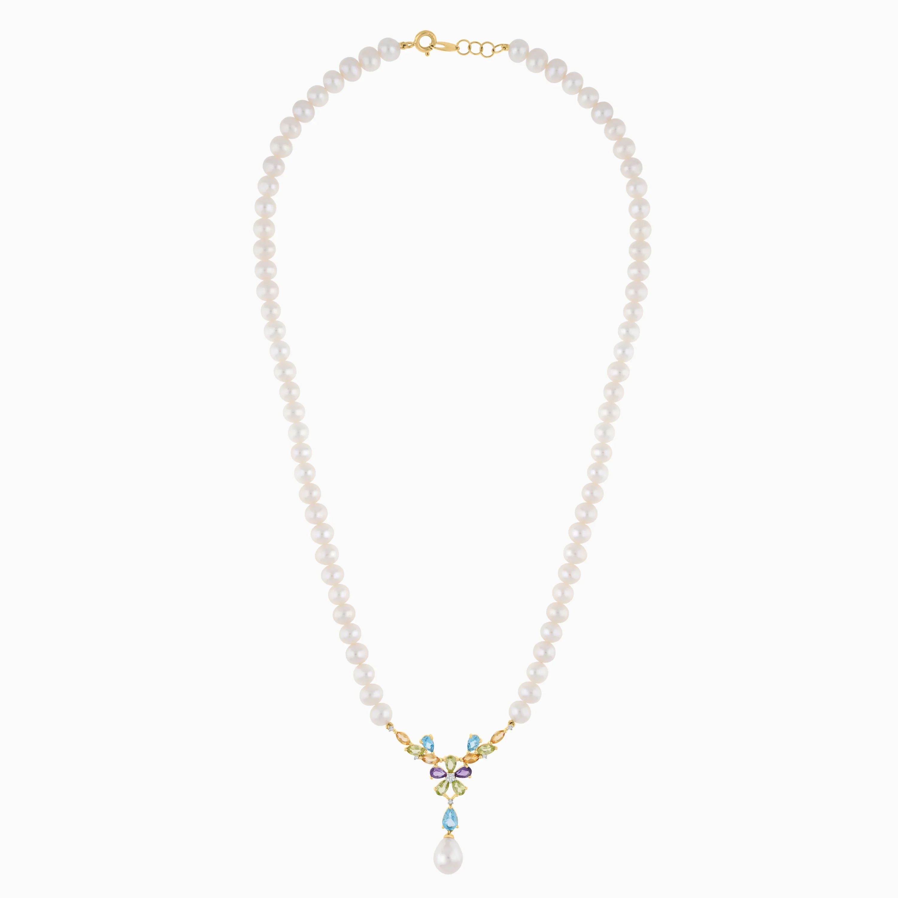 18k Yellow Gold Pearl Necklace with Natural Diamonds and Gemstones | Danah Diamond Collection - Image 3