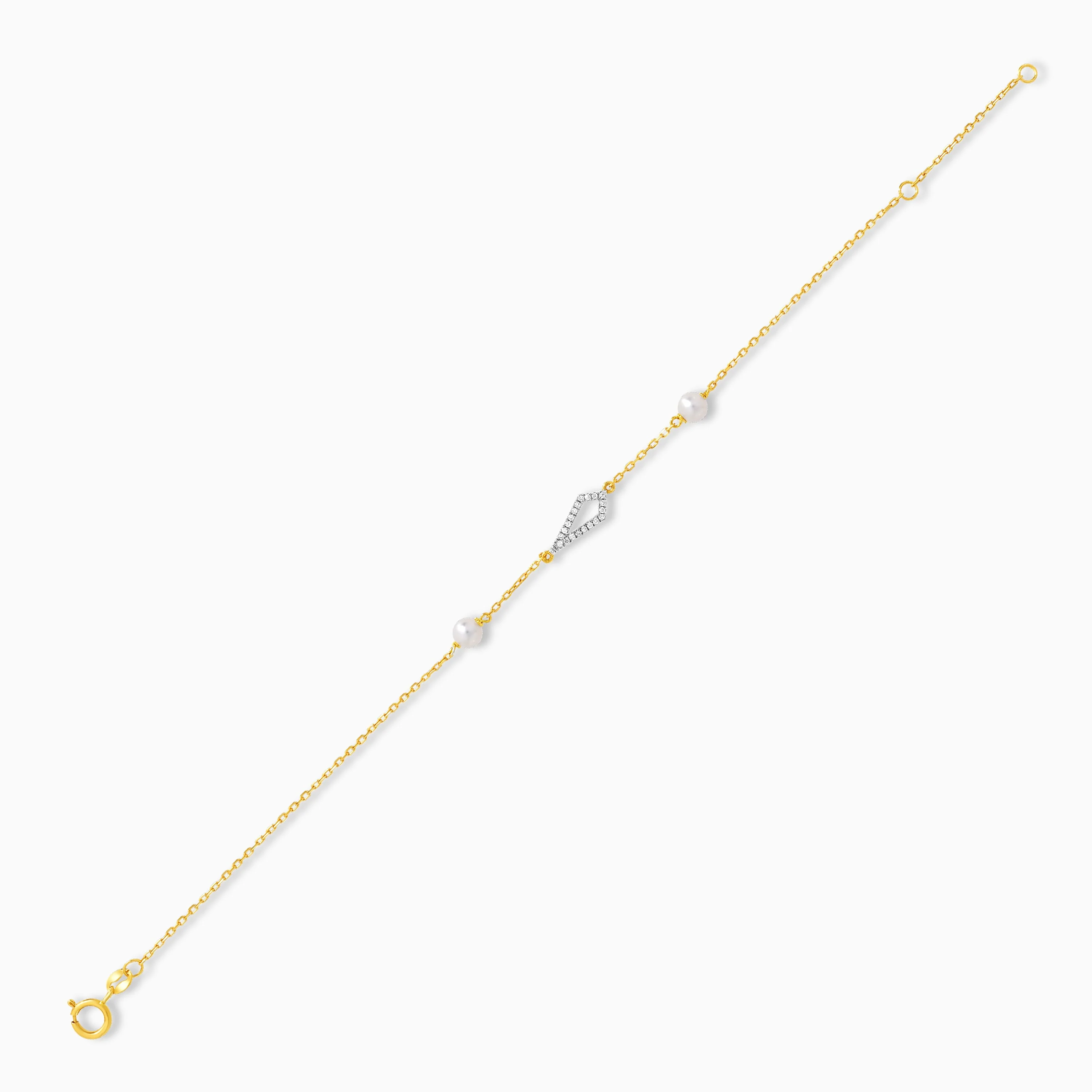 18K Yellow Gold Geometric Drop Diamond and Twin Pearl Bracelet - Danah Diamond Collection - Image 3