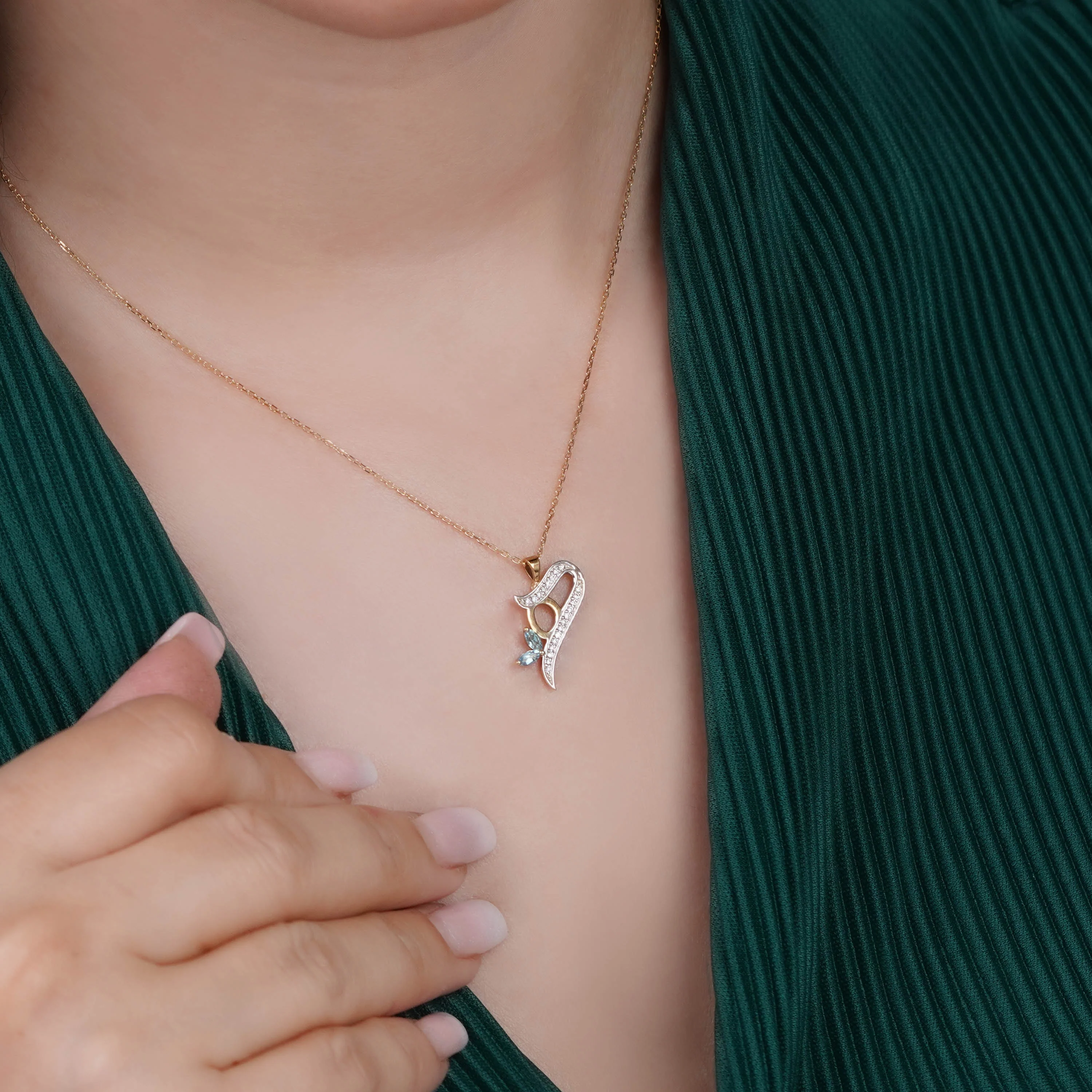 18k Yellow Gold ‘Haa’ Arabic Letter Necklace with Natural Diamonds & Blue Topaz | Horoufi Diamond Collection - Image 2
