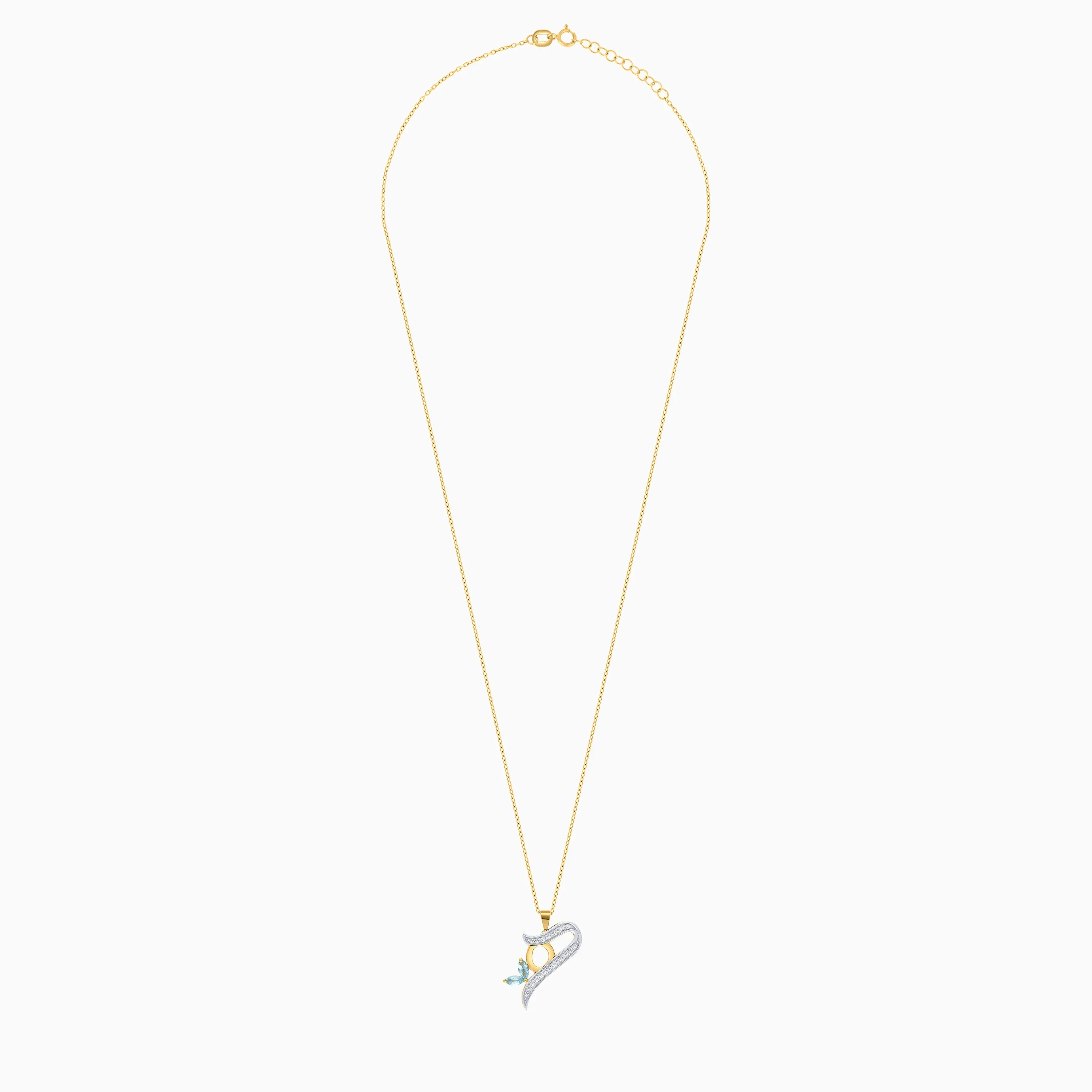 18k Yellow Gold ‘Haa’ Arabic Letter Necklace with Natural Diamonds & Blue Topaz | Horoufi Diamond Collection - Image 3