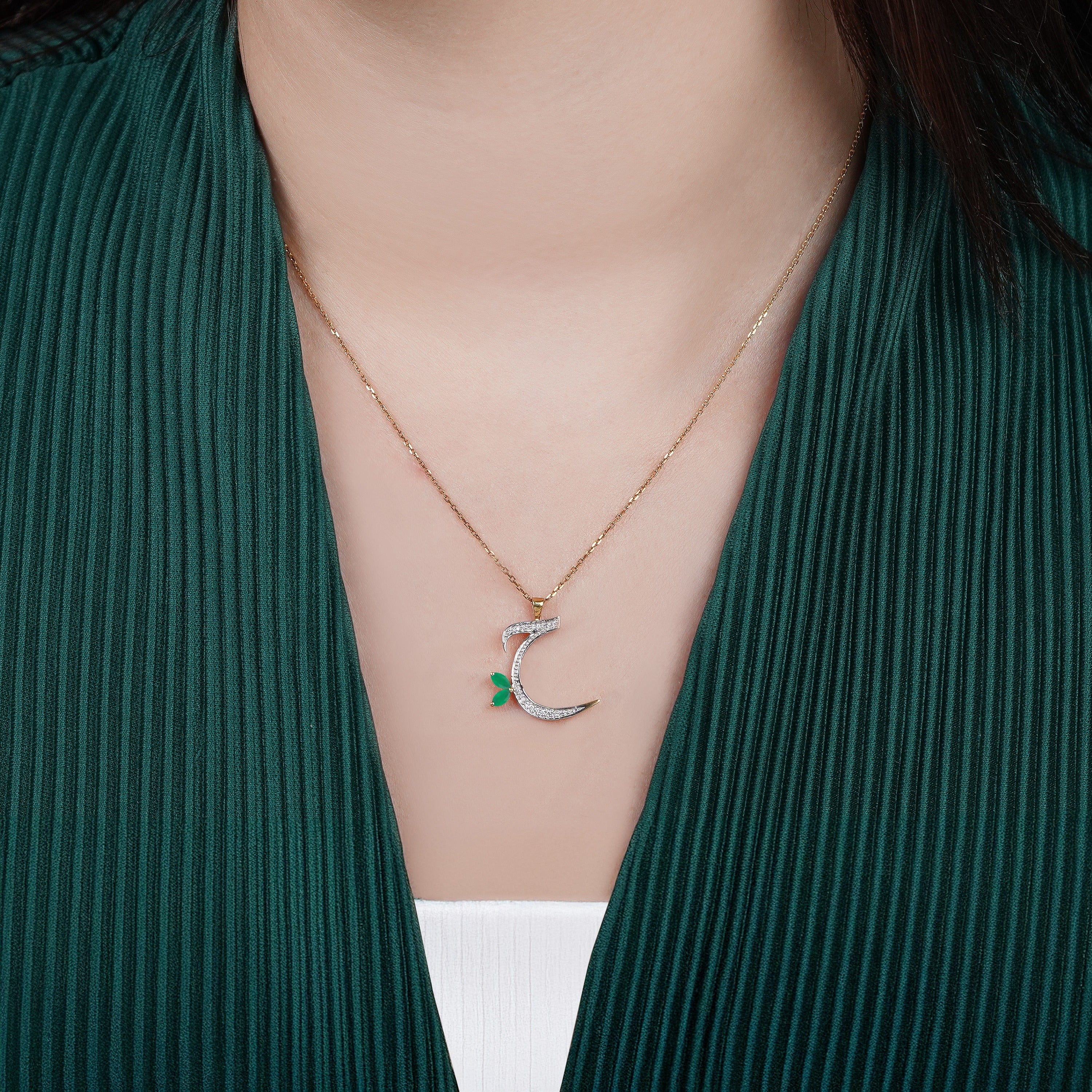 18k Yellow Gold 'Haa' Arabic Letter Necklace with Natural Diamonds & Agate | Horoufi Diamond Collection - Image 2