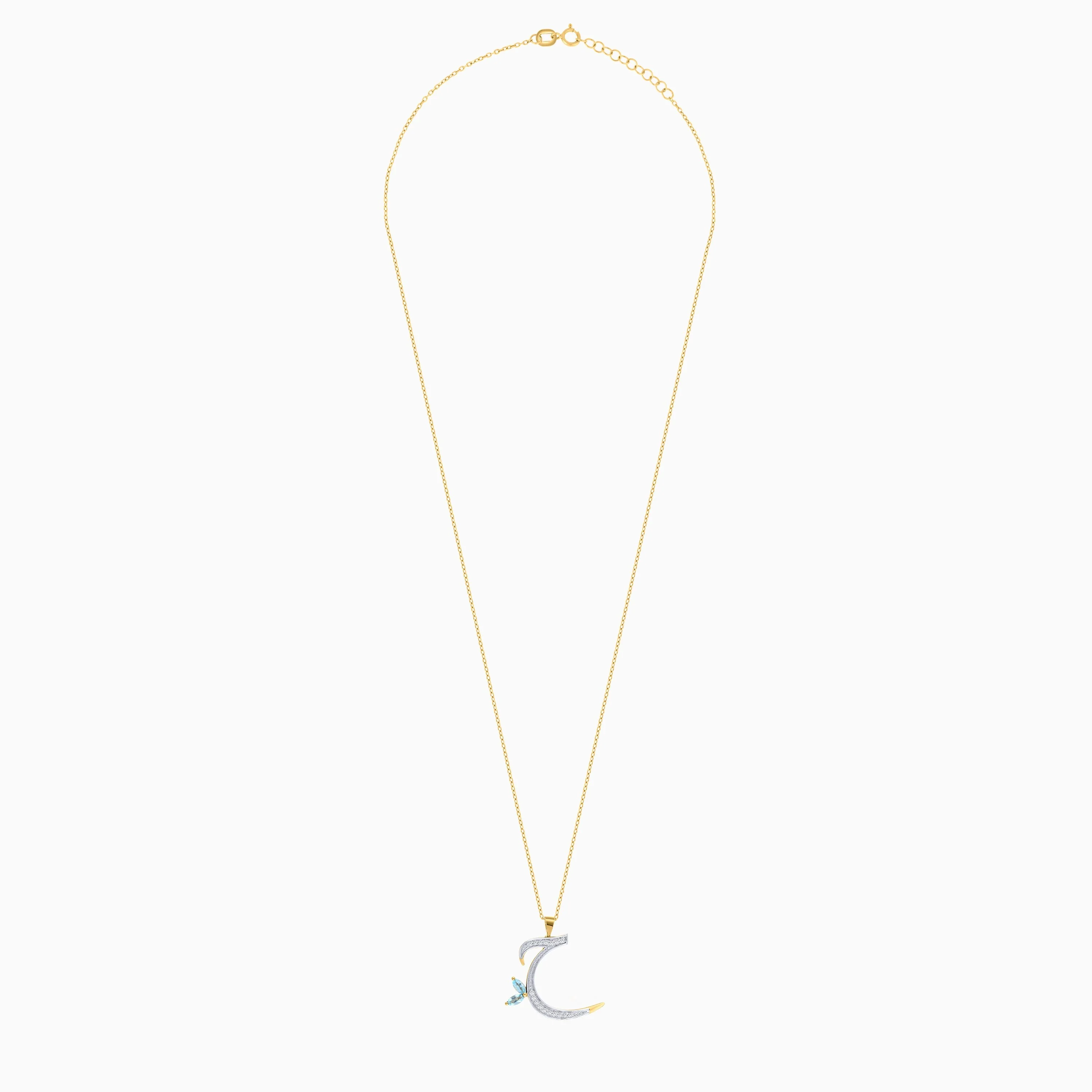 18k Yellow Gold 'Haa' Arabic Letter Necklace with Natural Diamond & Blue Topaz | Horoufi Diamond Collection - Image 3