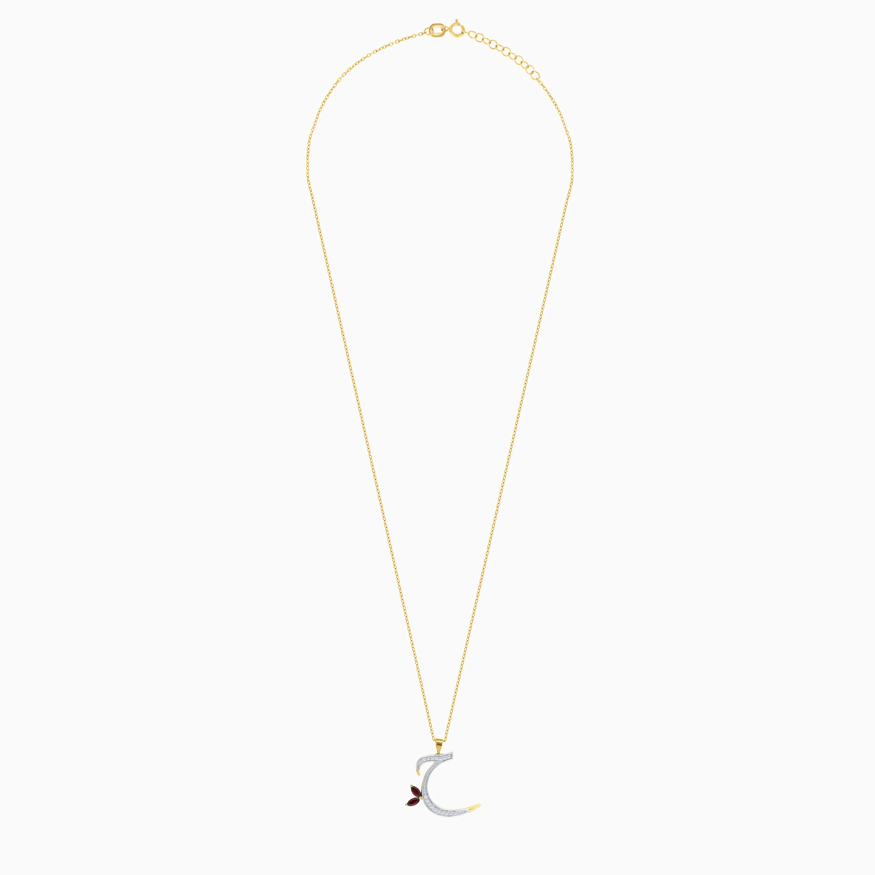 18k Yellow Gold 'Haa' Arabic Letter Necklace with Natural Diamond & Garnet | Horoufi Diamond Collection - Image 3